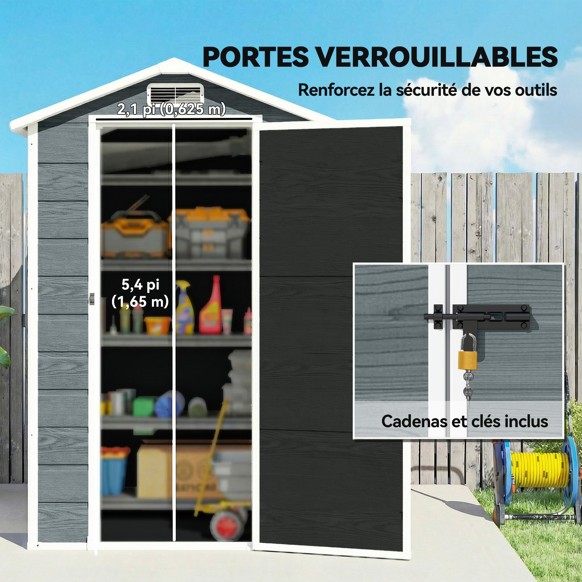 Wood-Effect Resin Garden Shed with Floor & Window, 128 x 104 x 196 cm (50.4 x 40.9 x 77.2 in) — Weathered Gray