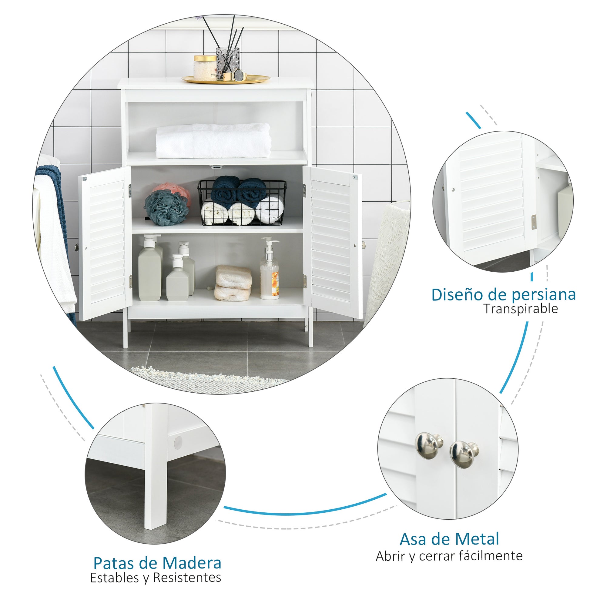 Bathroom Auxiliary Cabinet with 2 Louvered Doors Open Shelf Large Storage Space Modern Design 60x30x81.6 cm White