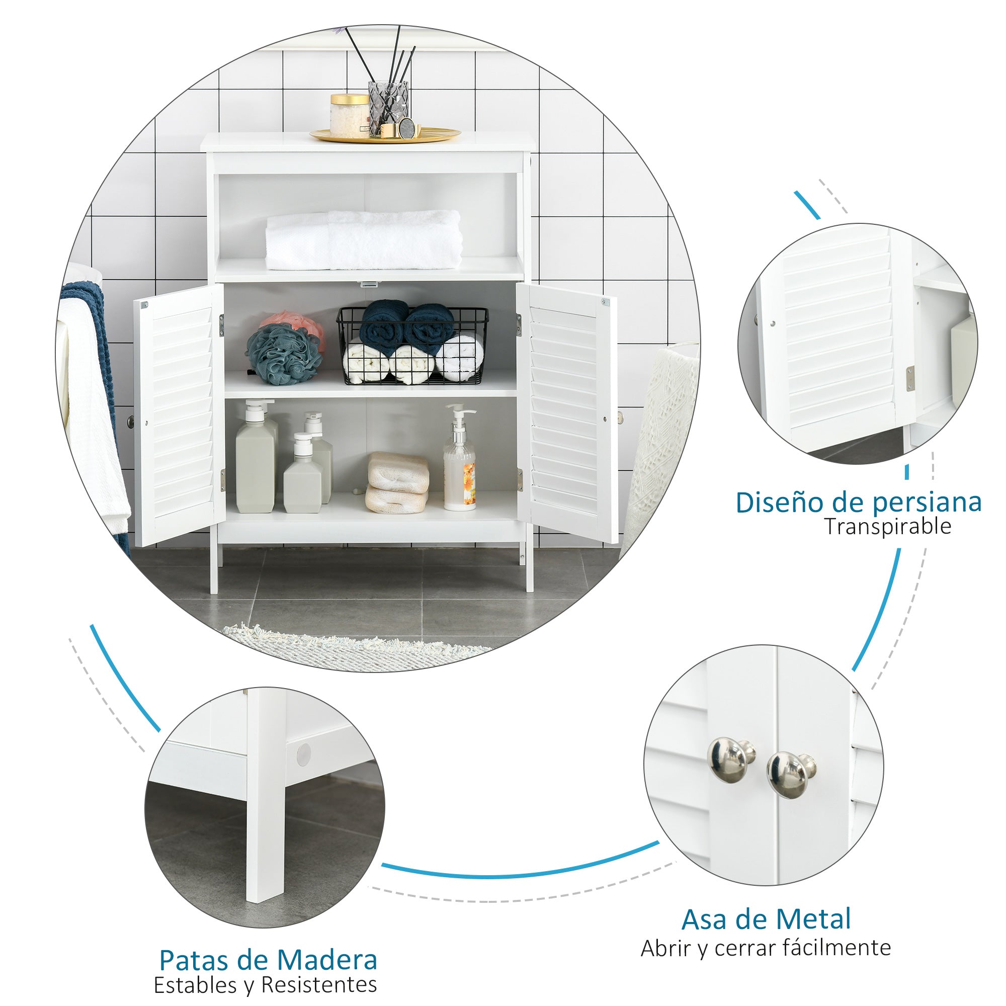Bathroom Auxiliary Cabinet with 2 Louvered Doors Open Shelf Large Storage Space Modern Design 60x30x81.6 cm White