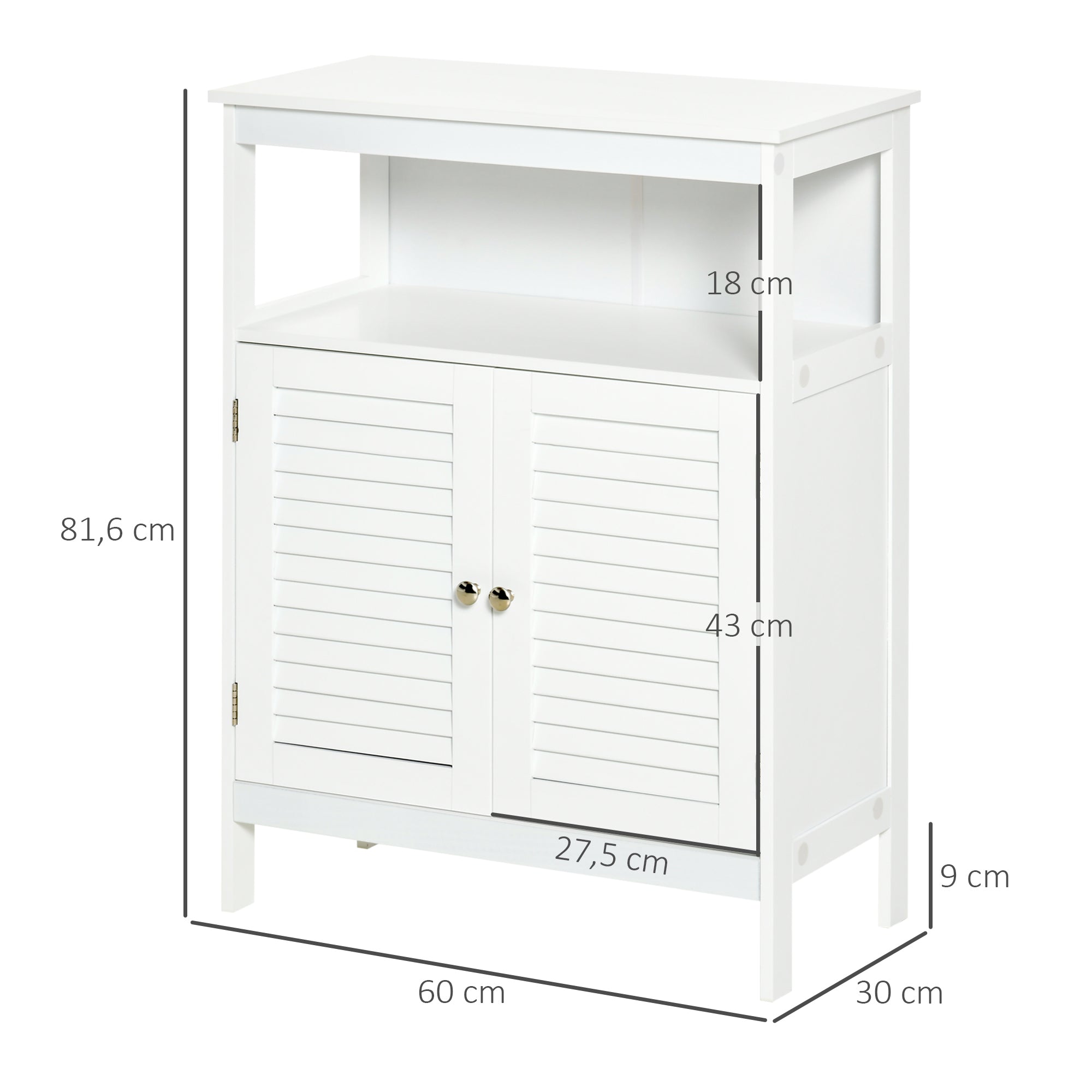 Bathroom Auxiliary Cabinet with 2 Louvered Doors Open Shelf Large Storage Space Modern Design 60x30x81.6 cm White