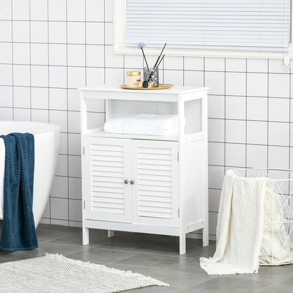 Bathroom Auxiliary Cabinet with 2 Louvered Doors Open Shelf Large Storage Space Modern Design 60x30x81.6 cm White