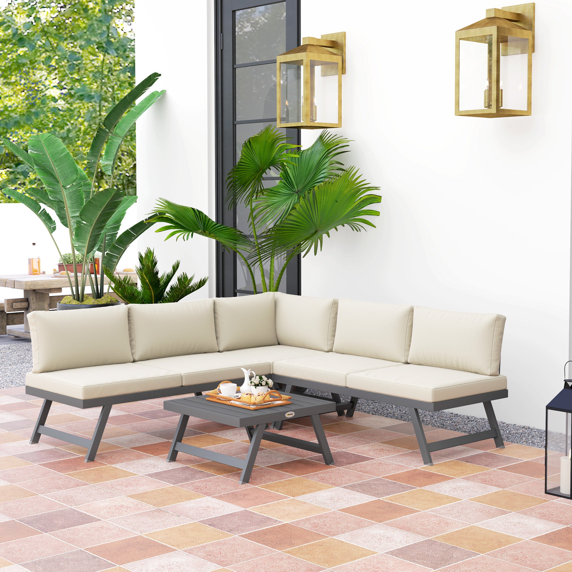 Outdoor Corner and Convertible 4-Piece Garden Lounge Set with 2 Two-Seaters, 1 Corner Armchair, and 1 Coffee Table, Aluminum and Steel Outdoor Furniture for Balcony Terrace, Beige