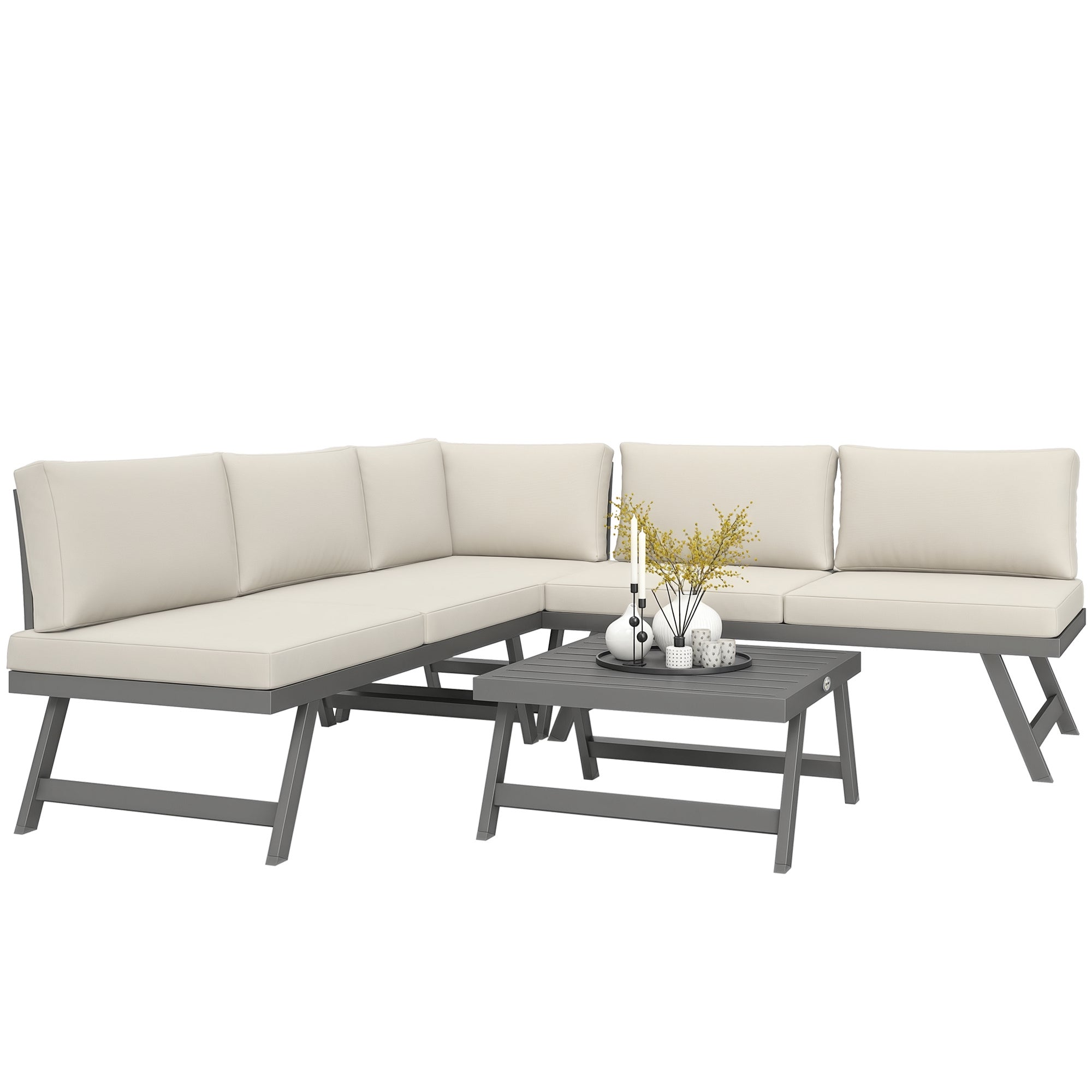Outdoor Corner and Convertible 4-Piece Garden Lounge Set with 2 Two-Seaters, 1 Corner Armchair, and 1 Coffee Table, Aluminum and Steel Outdoor Furniture for Balcony Terrace, Beige