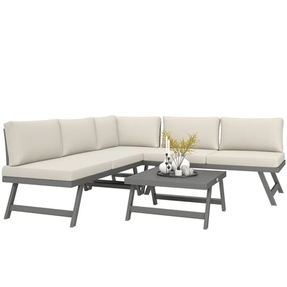 Outdoor Corner and Convertible 4-Piece Garden Lounge Set with 2 Two-Seaters, 1 Corner Armchair, and 1 Coffee Table, Aluminum and Steel Outdoor Furniture for Balcony Terrace, Beige