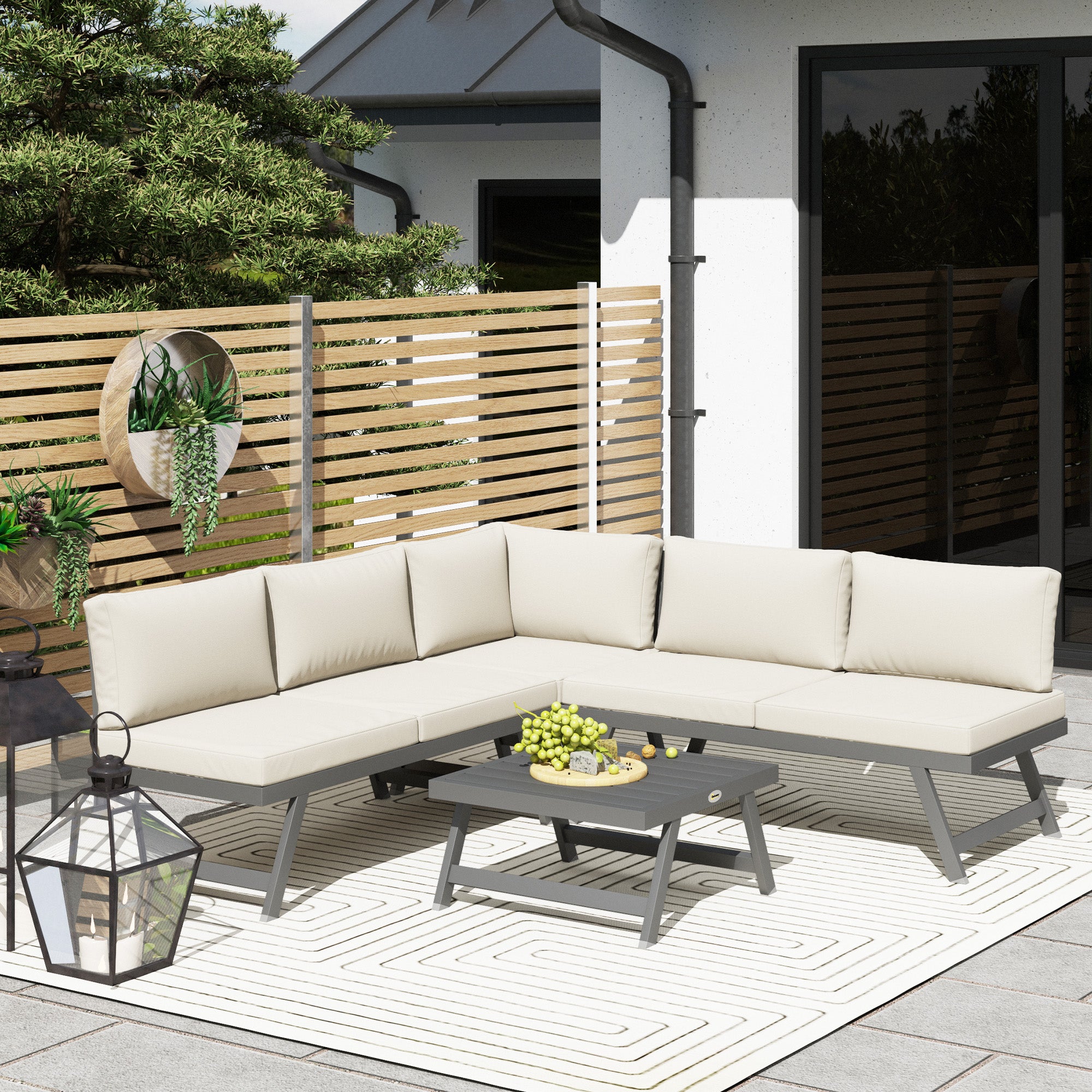 Outdoor Corner and Convertible 4-Piece Garden Lounge Set with 2 Two-Seaters, 1 Corner Armchair, and 1 Coffee Table, Aluminum and Steel Outdoor Furniture for Balcony Terrace, Beige