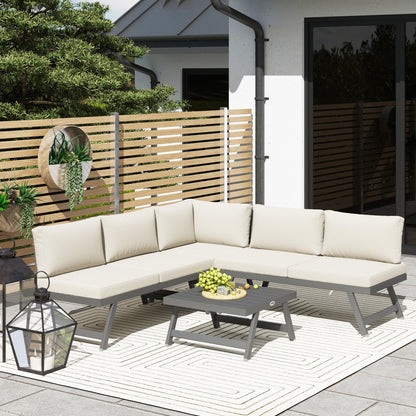 Outdoor Corner and Convertible 4-Piece Garden Lounge Set with 2 Two-Seaters, 1 Corner Armchair, and 1 Coffee Table, Aluminum and Steel Outdoor Furniture for Balcony Terrace, Beige