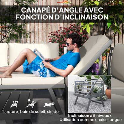 Outdoor Corner and Convertible 4-Piece Garden Lounge Set with 2 Two-Seaters, 1 Corner Armchair, and 1 Coffee Table, Aluminum and Steel Outdoor Furniture for Balcony Terrace, Beige