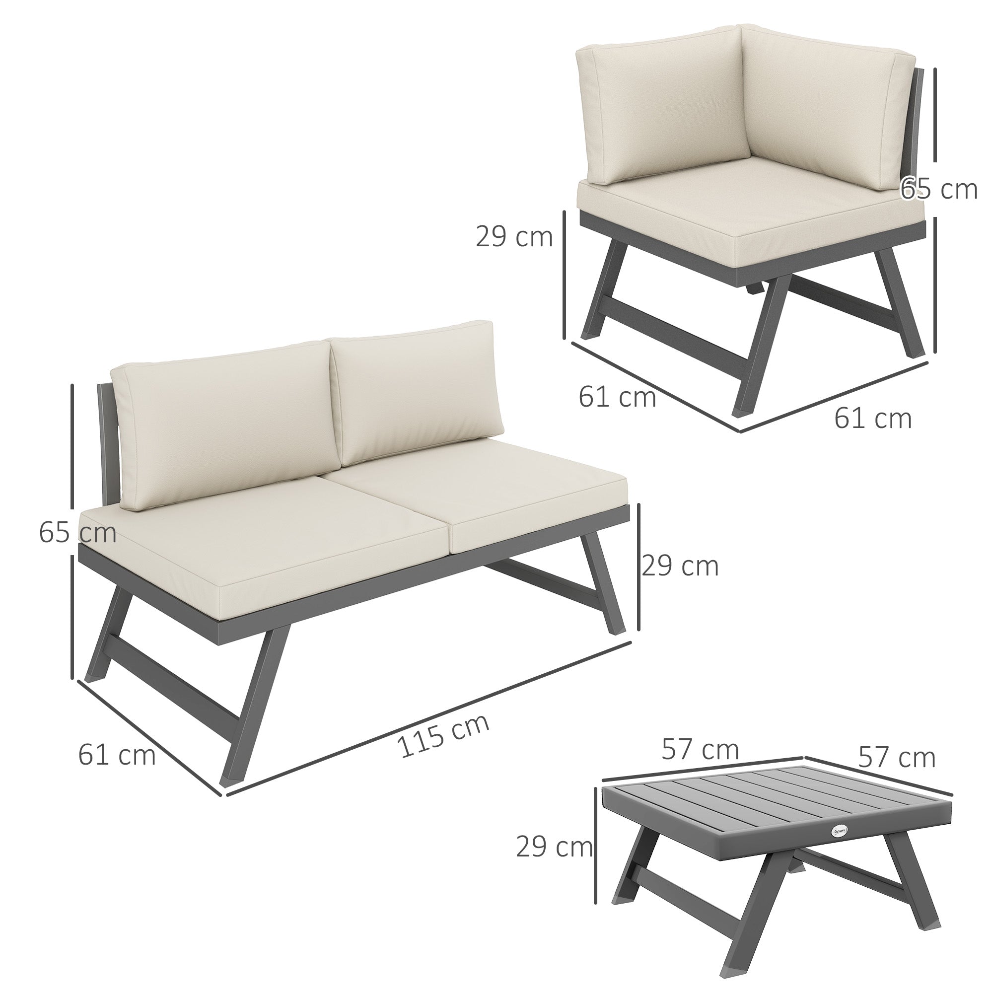 Outdoor Corner and Convertible 4-Piece Garden Lounge Set with 2 Two-Seaters, 1 Corner Armchair, and 1 Coffee Table, Aluminum and Steel Outdoor Furniture for Balcony Terrace, Beige