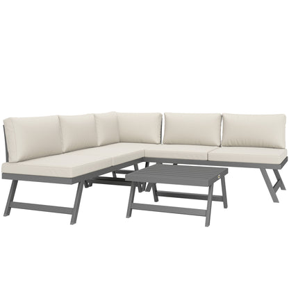 Outdoor Corner and Convertible 4-Piece Garden Lounge Set with 2 Two-Seaters, 1 Corner Armchair, and 1 Coffee Table, Aluminum and Steel Outdoor Furniture for Balcony Terrace, Beige