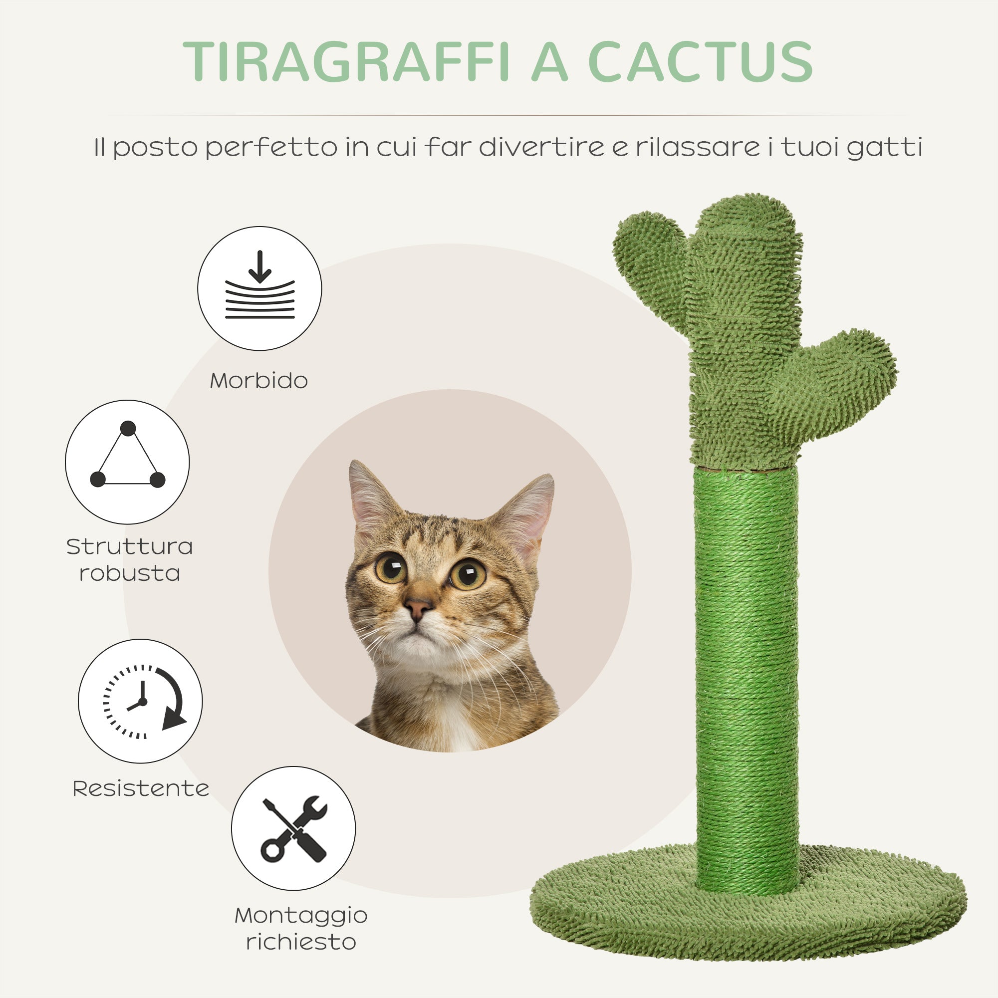 Adult and Kitten Cat Scratching Tree in Cactus Shape, Sisal Rope and Pine Wood Base, 40x40x65 cm, Green