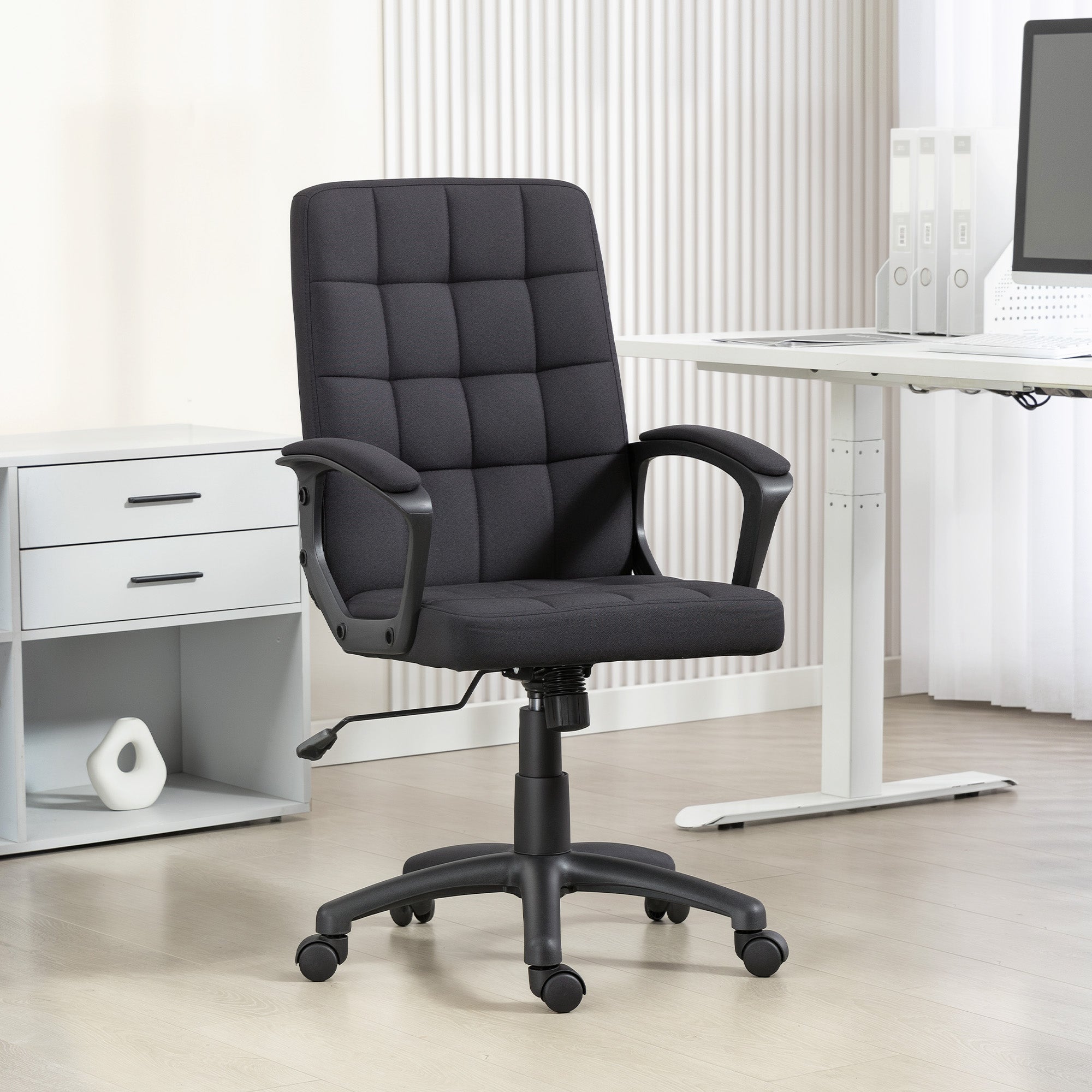 Mid-Back Swivel Office Chair — Synthetic Linen Upholstery, Height-Adjustable, Tilt, Armrests, Casters — Black