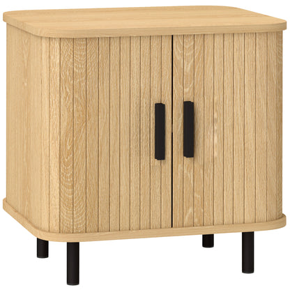 Modern Nightstand with Slatted Sliding Doors, Steel Legs — Oak