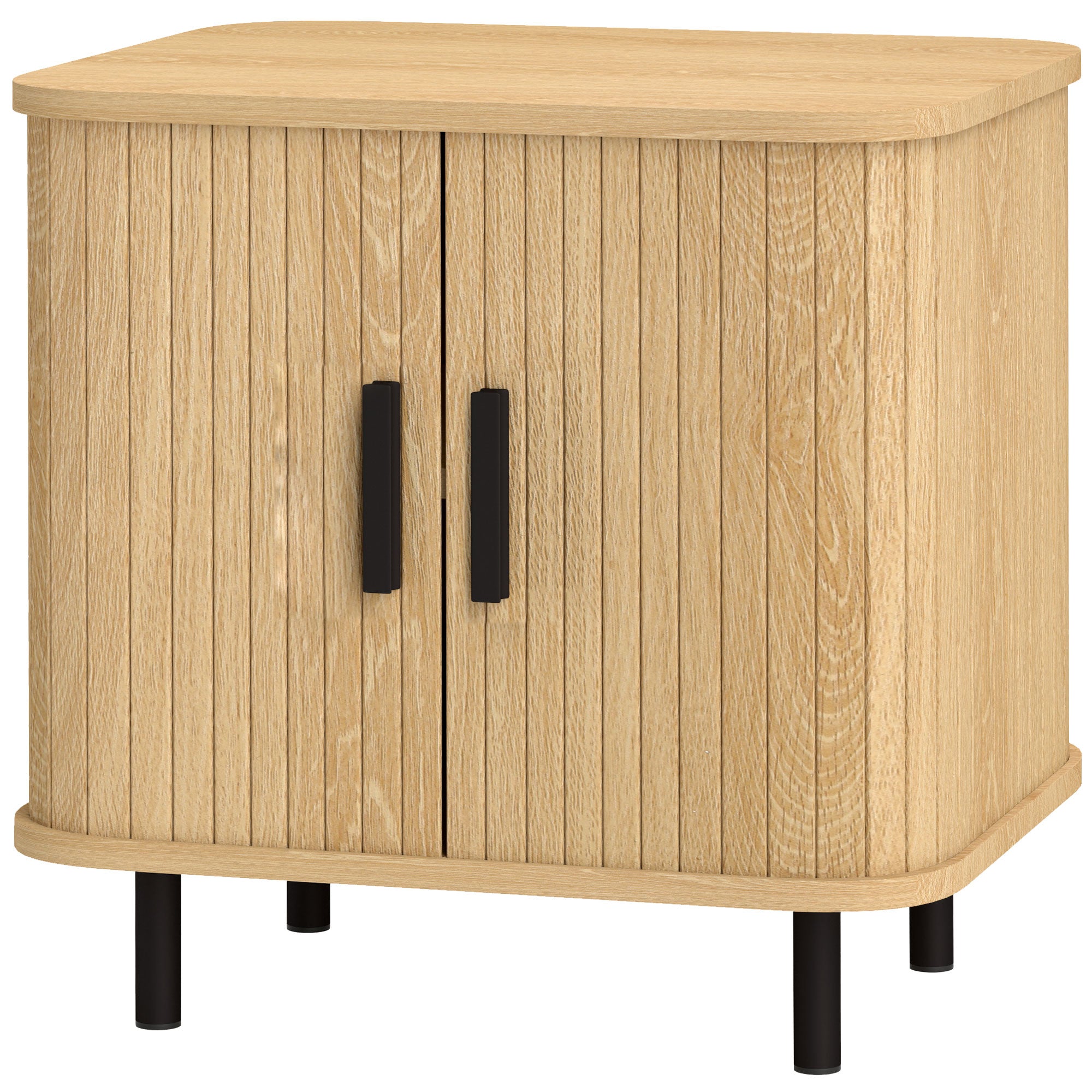 Modern Nightstand with Slatted Sliding Doors, Steel Legs — Oak