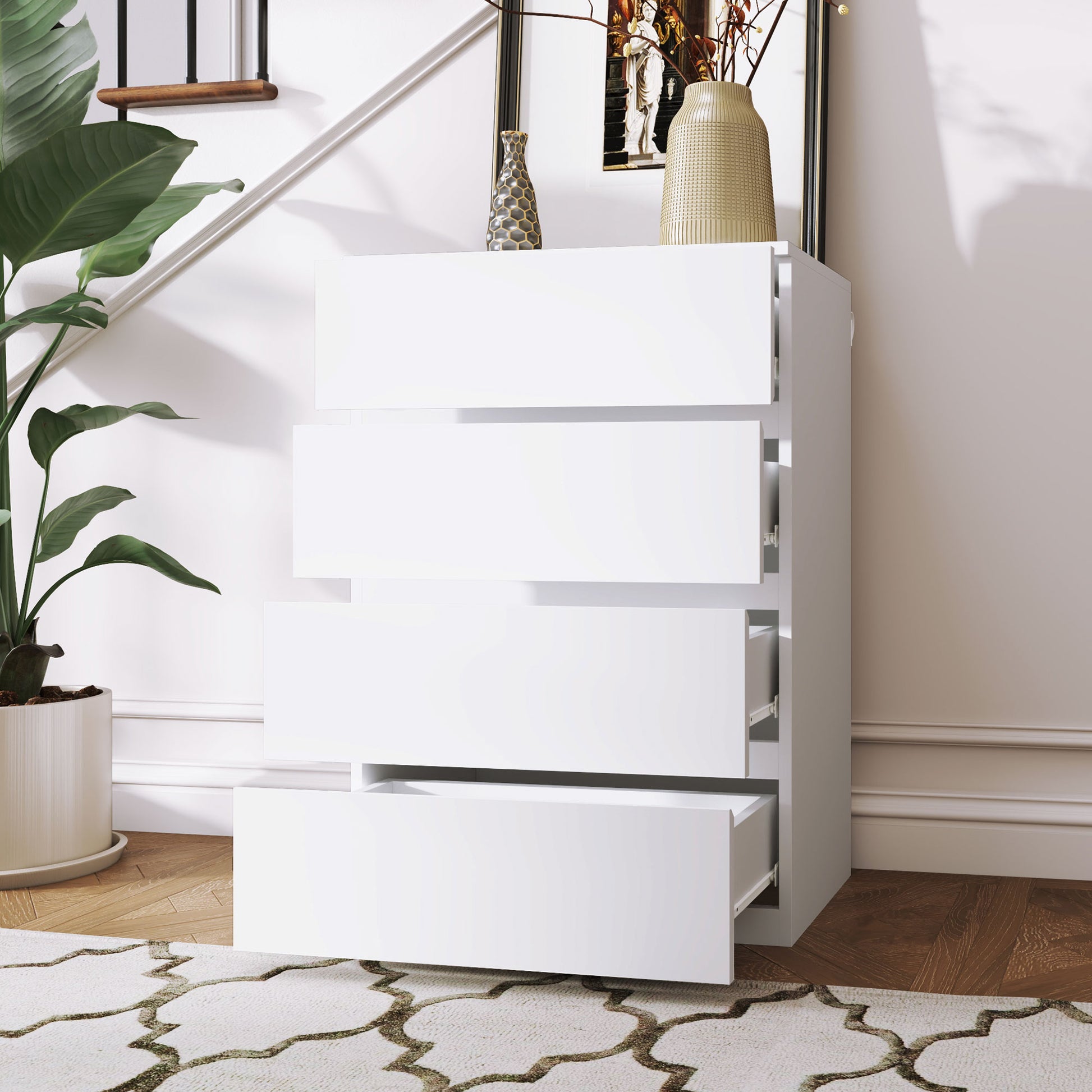Dresser Sideboard with 4 Drawers Cloth Cabinet Modern Drawer Cabinet for Living Room Bedroom Hallway White, 55 x 33 x 80 cm