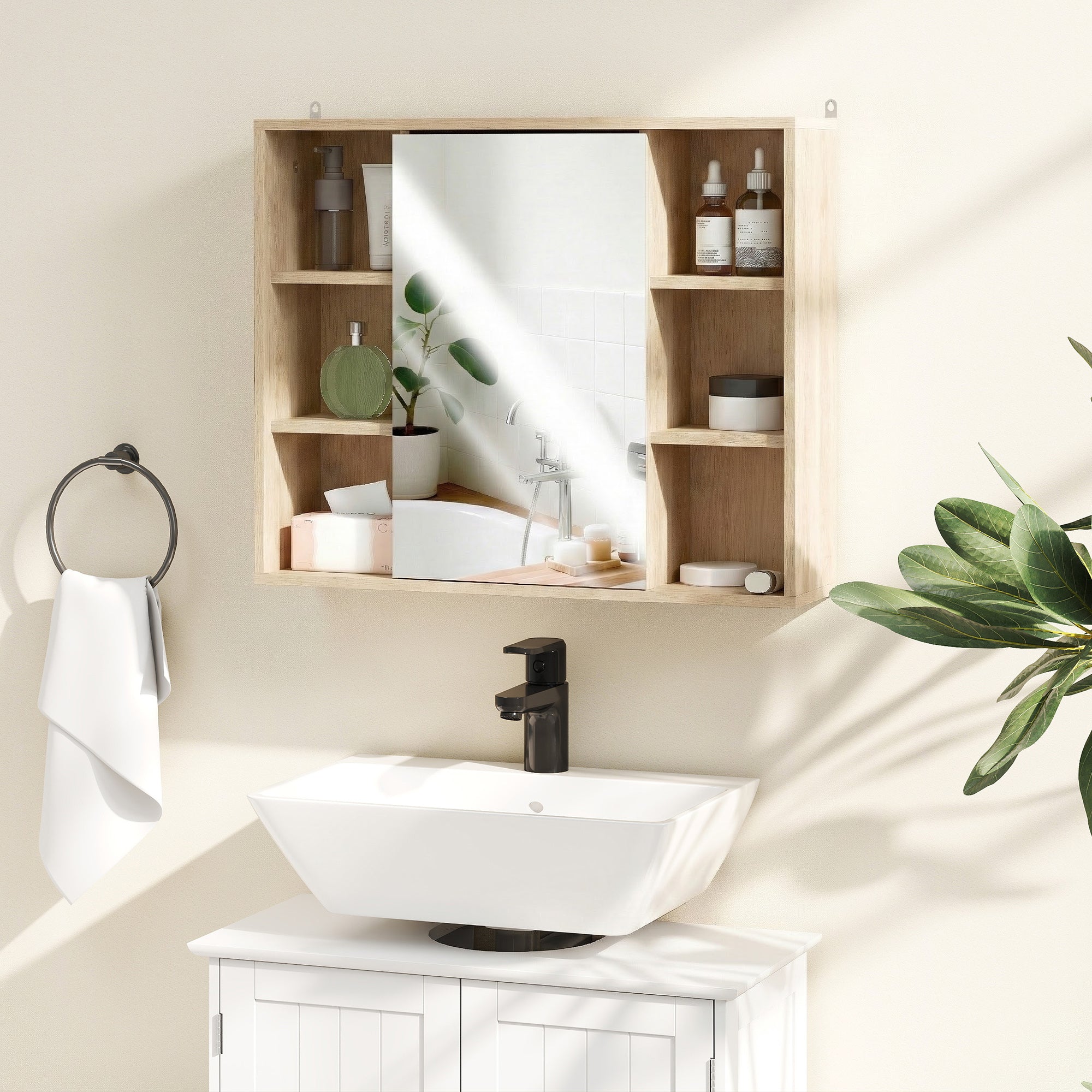 Wall-Mounted Bathroom Cabinet with Mirror — 6 Open Shelves & Mirrored Door, Natural Wood, 23.6 x 5.7 x 19.4 in