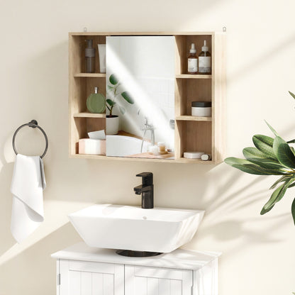 Wall-Mounted Bathroom Cabinet with Mirror — 6 Open Shelves & Mirrored Door, Natural Wood, 23.6 x 5.7 x 19.4 in