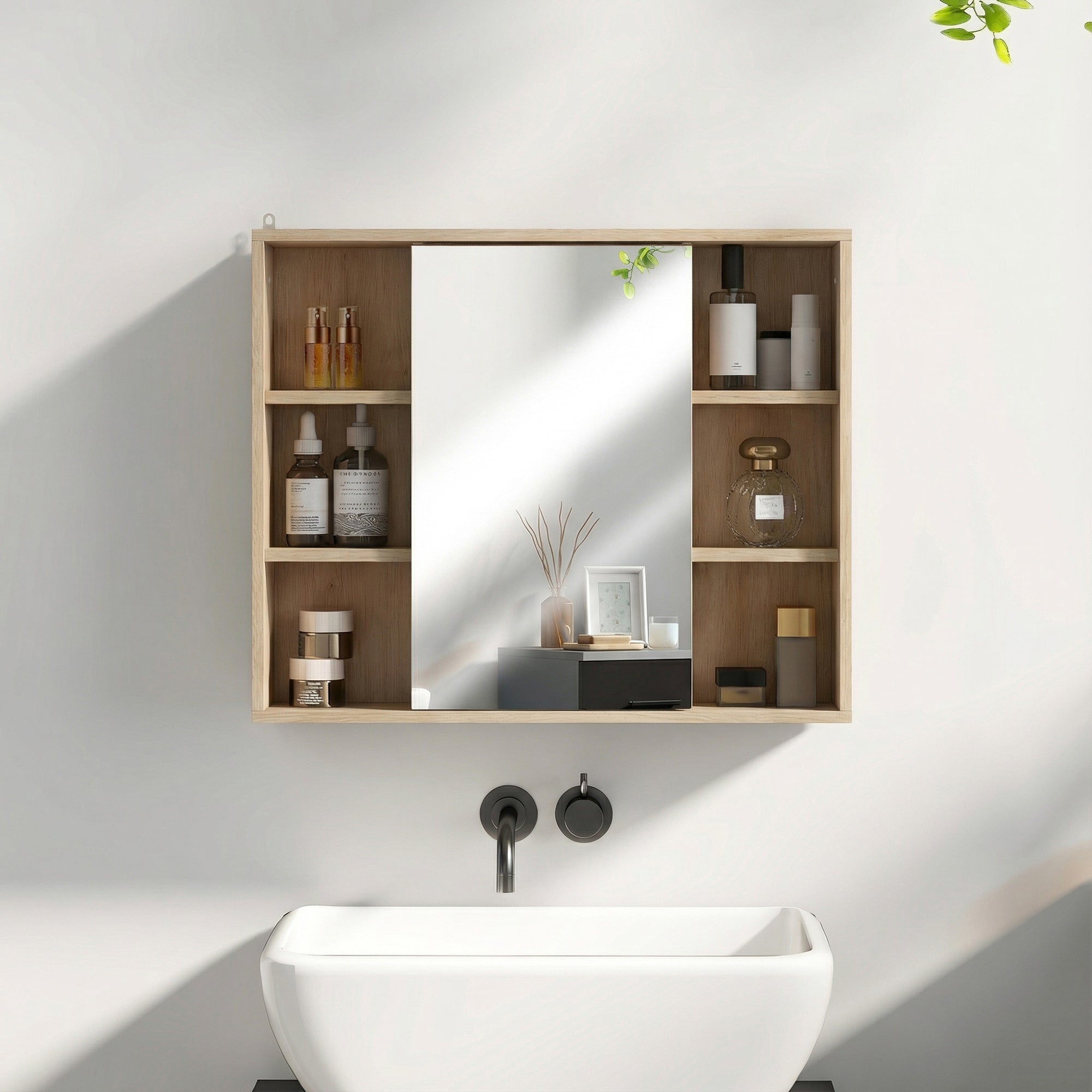 Wall-Mounted Bathroom Cabinet with Mirror — 6 Open Shelves & Mirrored Door, Natural Wood, 23.6 x 5.7 x 19.4 in