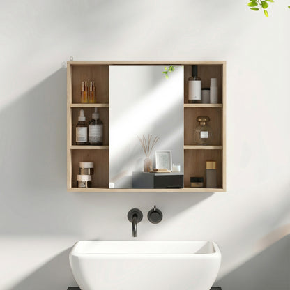 Wall-Mounted Bathroom Cabinet with Mirror — 6 Open Shelves & Mirrored Door, Natural Wood, 23.6 x 5.7 x 19.4 in