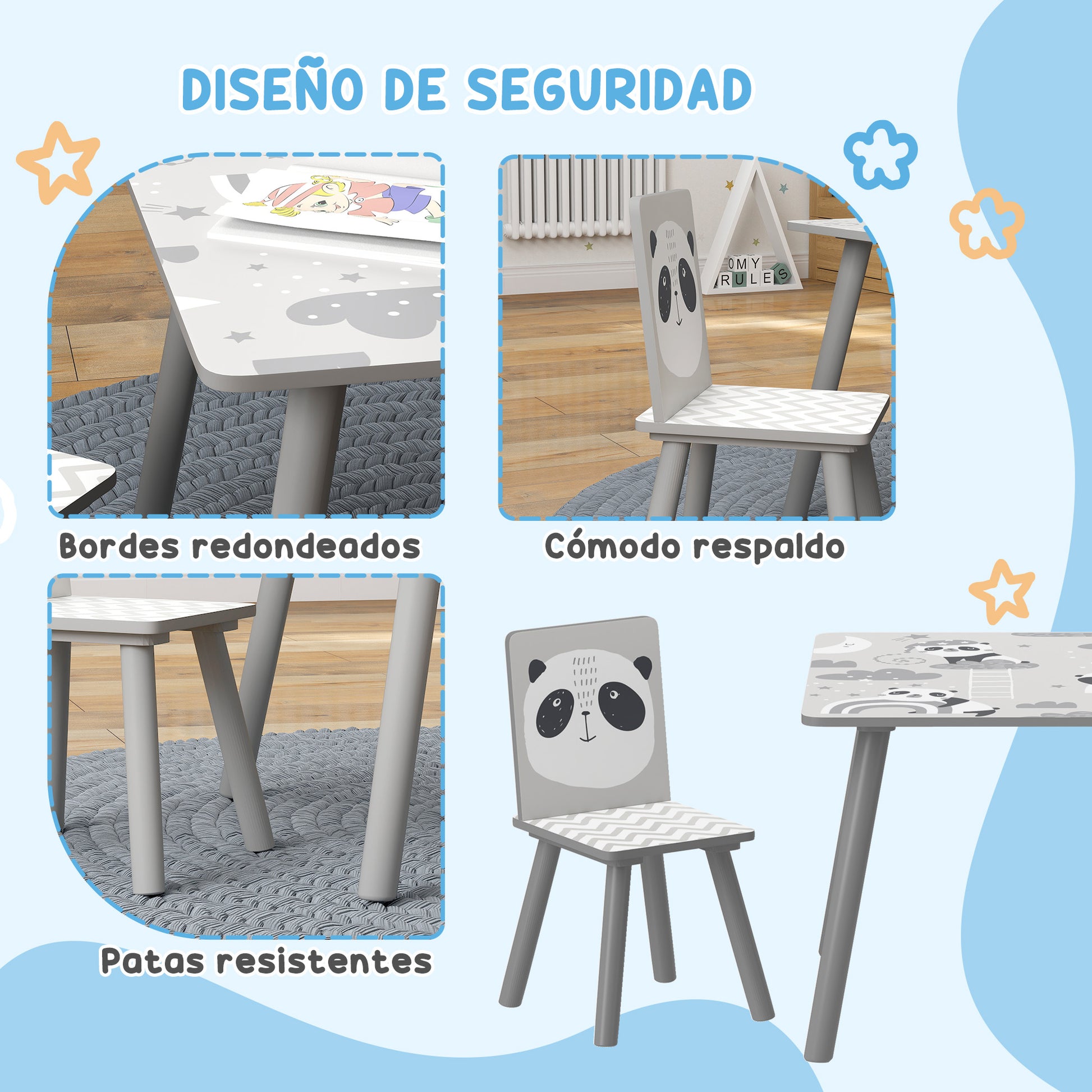 ZONEKIZ Children's 3-Piece Table and Chairs Set Children's Table with 2 Chairs Activity Furniture Set for Kids 3-8 Years for Bedroom Playroom Gray and White