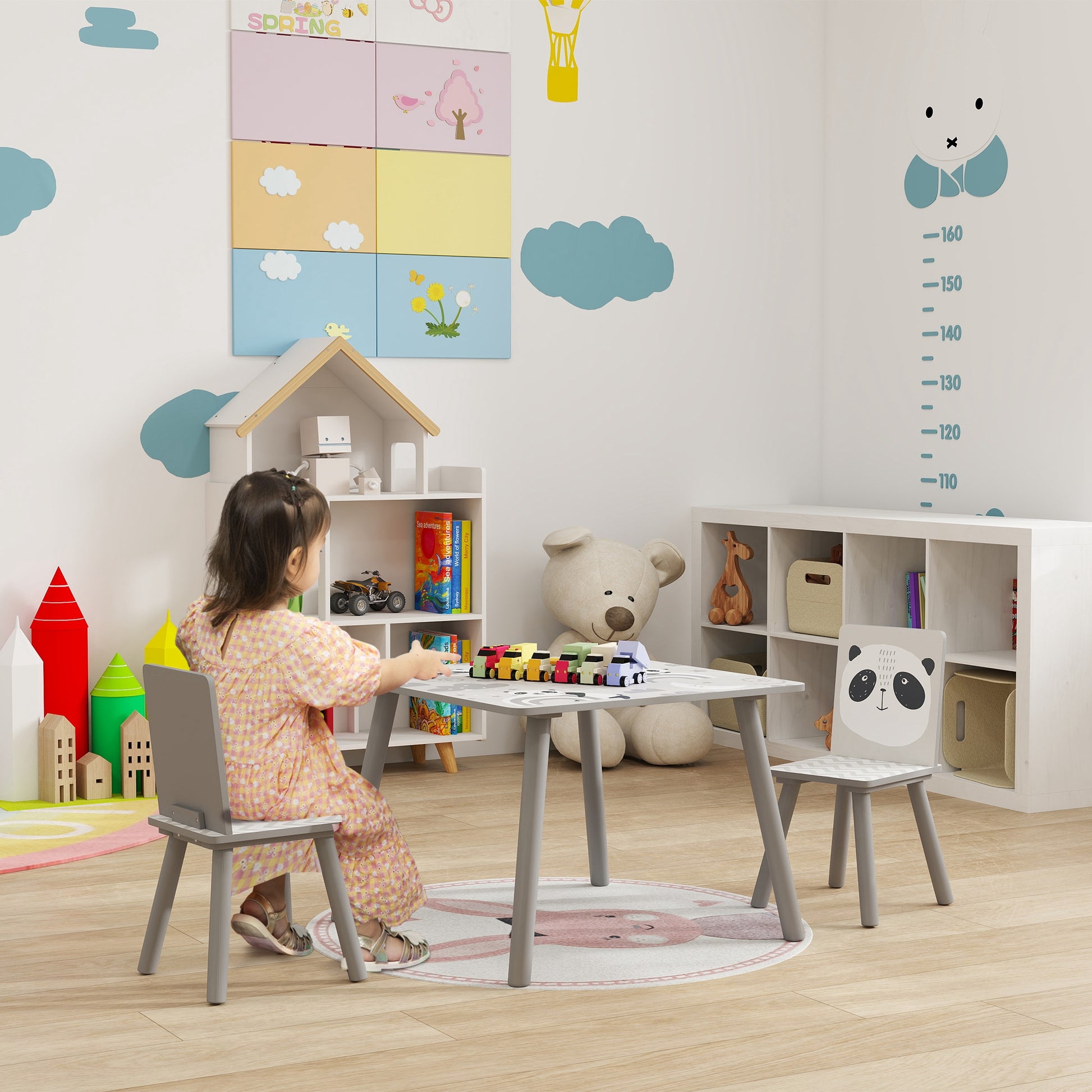 ZONEKIZ Children's 3-Piece Table and Chairs Set Children's Table with 2 Chairs Activity Furniture Set for Kids 3-8 Years for Bedroom Playroom Gray and White