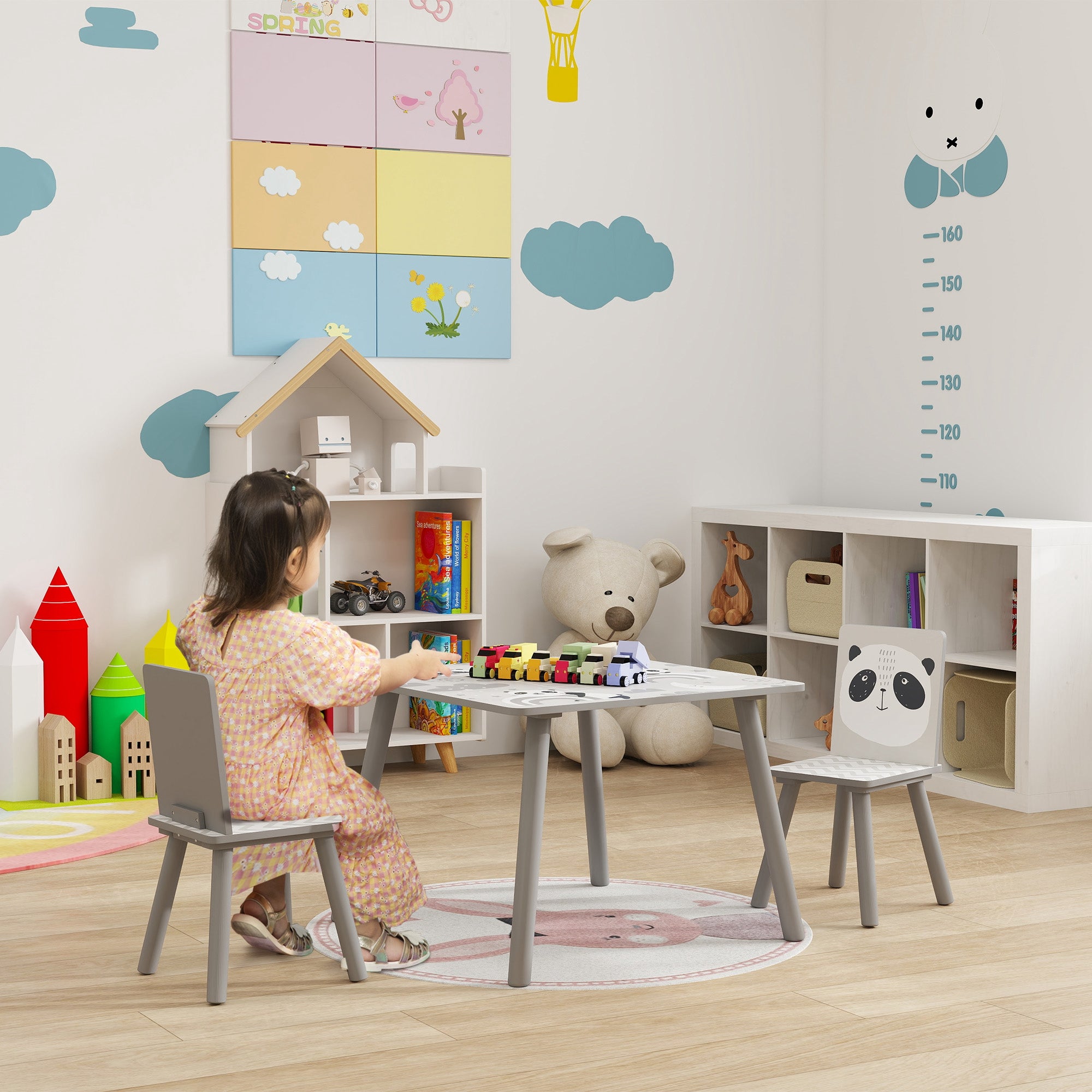 ZONEKIZ Children's 3-Piece Table and Chairs Set Children's Table with 2 Chairs Activity Furniture Set for Kids 3-8 Years for Bedroom Playroom Gray and White