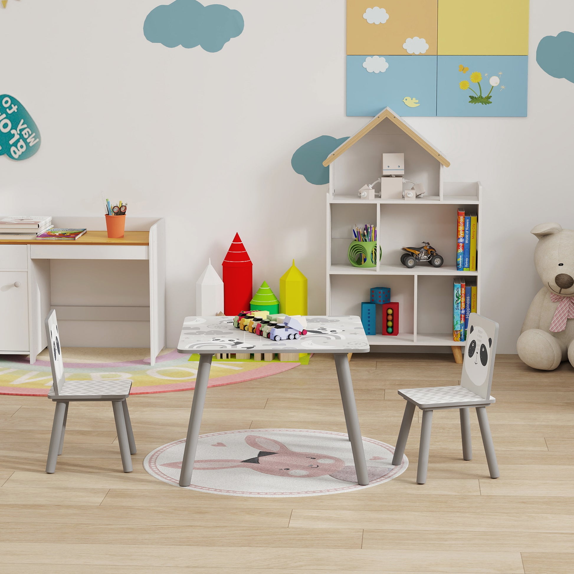 ZONEKIZ Children's 3-Piece Table and Chairs Set Children's Table with 2 Chairs Activity Furniture Set for Kids 3-8 Years for Bedroom Playroom Gray and White