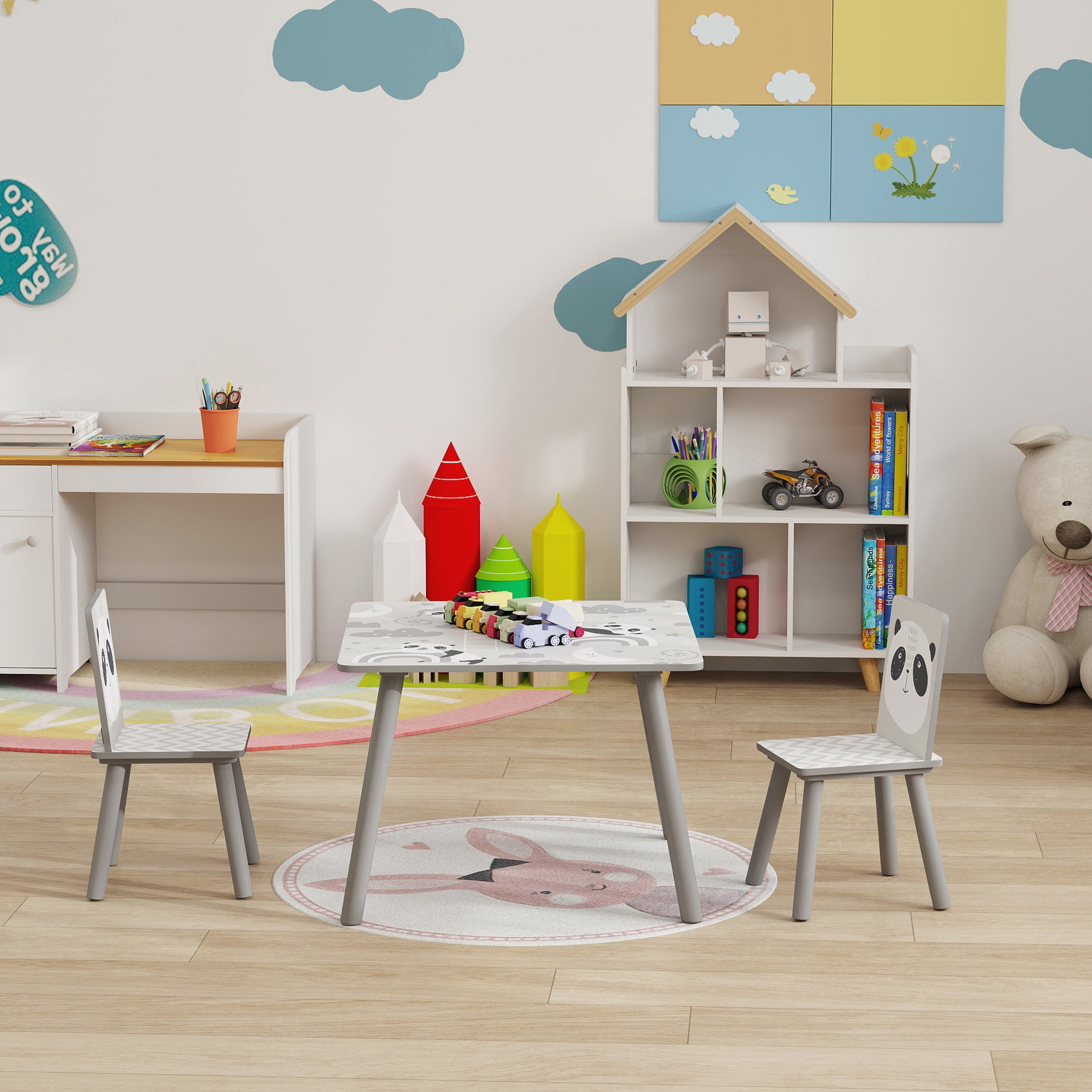 ZONEKIZ Children's 3-Piece Table and Chairs Set Children's Table with 2 Chairs Activity Furniture Set for Kids 3-8 Years for Bedroom Playroom Gray and White