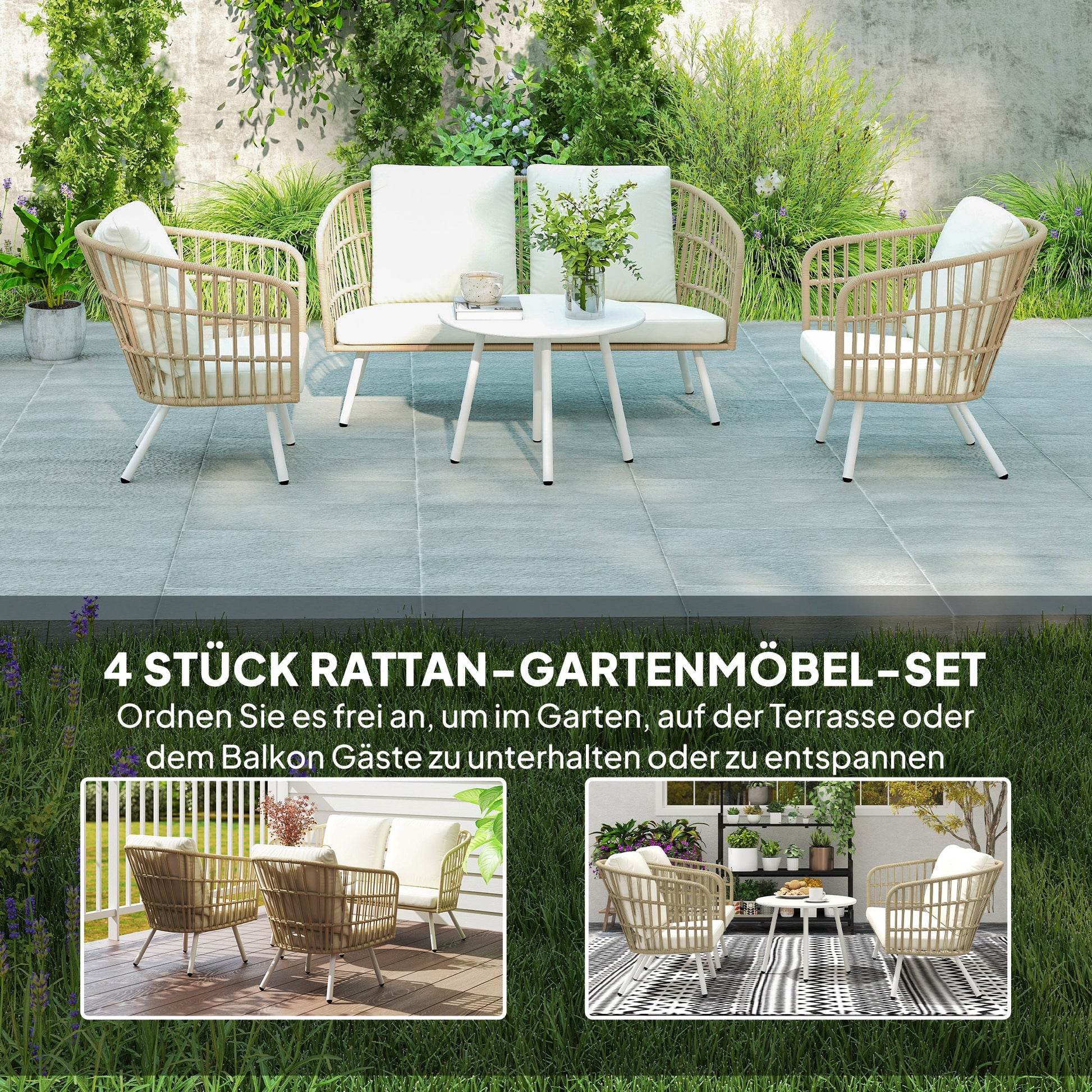 Garden Furniture Set made of Poly Rattan Lounge Set with 2-seater Sofa Chair Table Cushion weatherproof Seating Group for 4 Persons Outdoor Balcony Furniture Set Patio Furniture for Garden Balcony Terrace Khaki