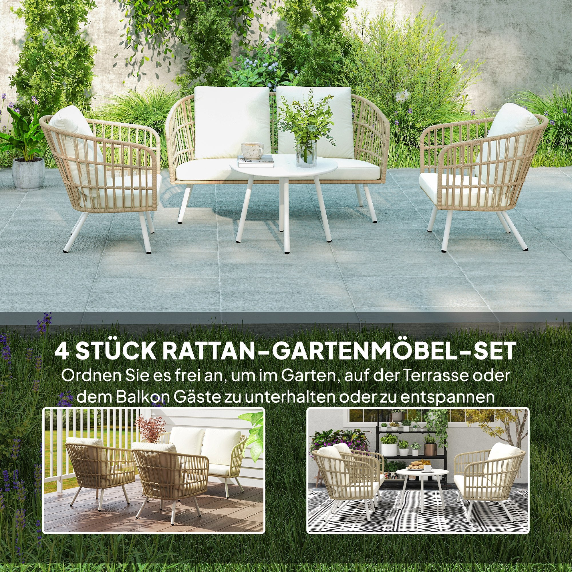 Garden Furniture Set made of Poly Rattan Lounge Set with 2-seater Sofa Chair Table Cushion weatherproof Seating Group for 4 Persons Outdoor Balcony Furniture Set Patio Furniture for Garden Balcony Terrace Khaki