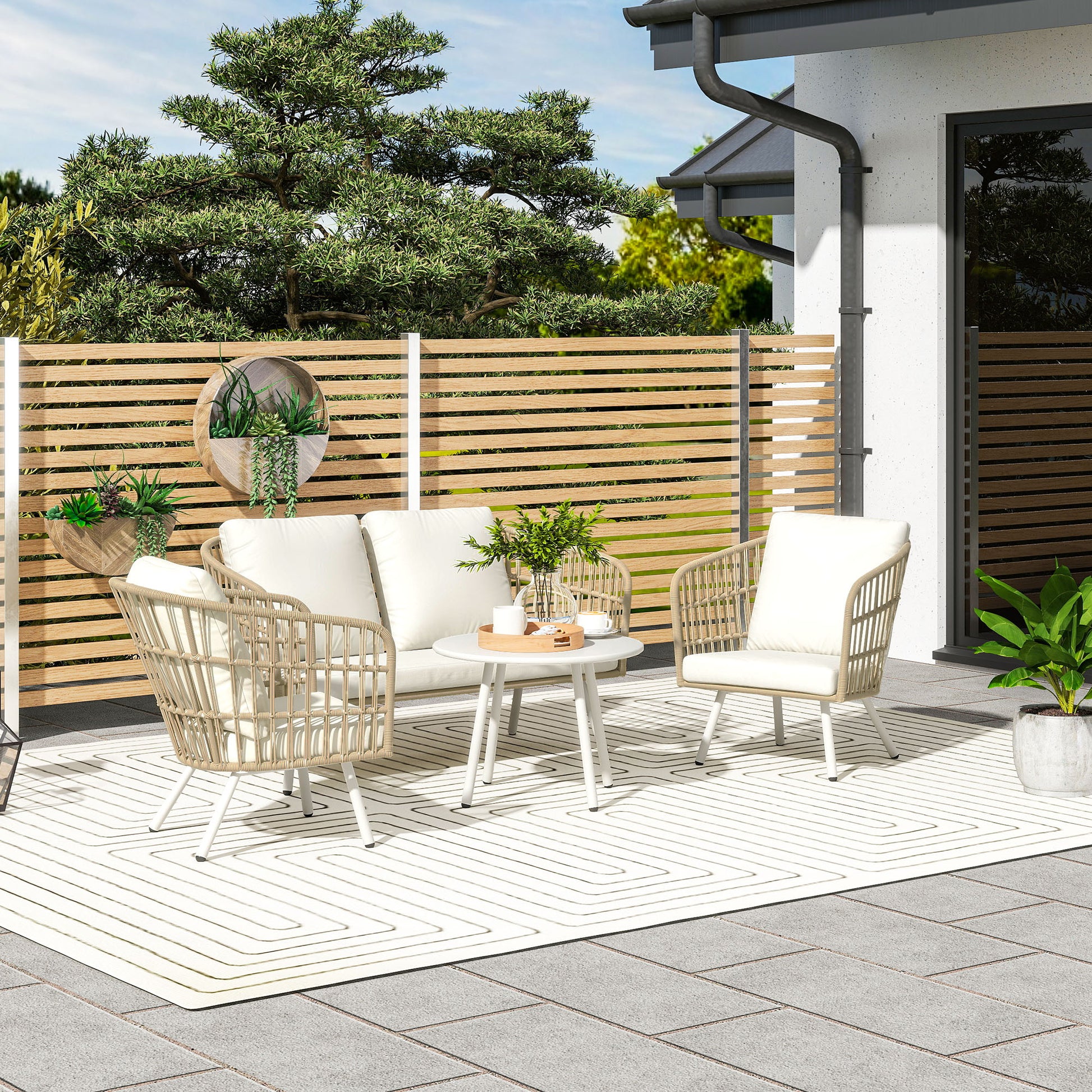Garden Furniture Set made of Poly Rattan Lounge Set with 2-seater Sofa Chair Table Cushion weatherproof Seating Group for 4 Persons Outdoor Balcony Furniture Set Patio Furniture for Garden Balcony Terrace Khaki