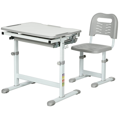 Adjustable Height School Desk for Children 6-12 Years, Desk and Chair Set with 45° Tiltable Desktop, Drawer, 2 Pen Holders, and Hook, Gray