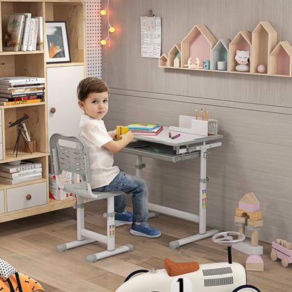Adjustable Height School Desk for Children 6-12 Years, Desk and Chair Set with 45° Tiltable Desktop, Drawer, 2 Pen Holders, and Hook, Gray