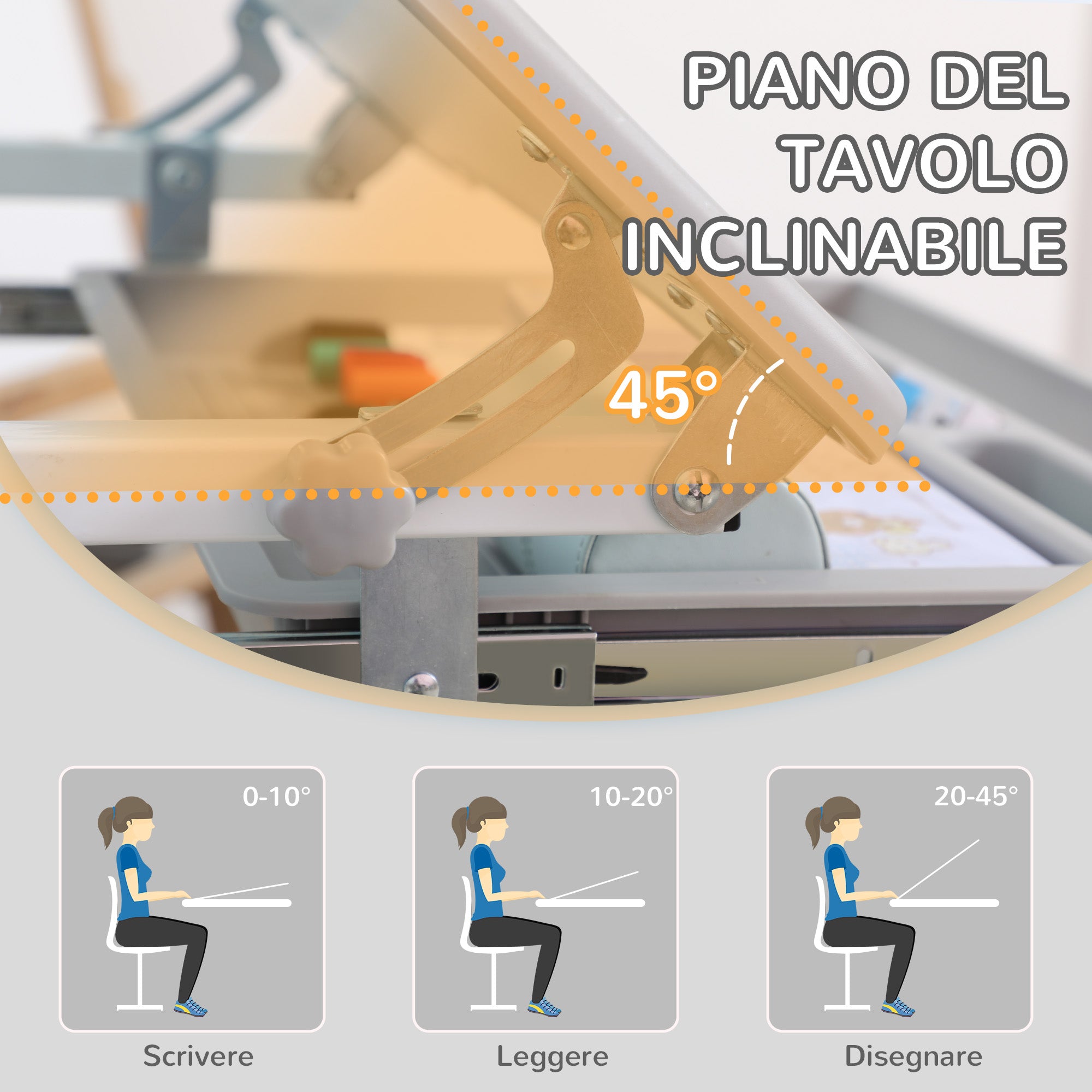 Adjustable Height School Desk for Children 6-12 Years, Desk and Chair Set with 45° Tiltable Desktop, Drawer, 2 Pen Holders, and Hook, Gray