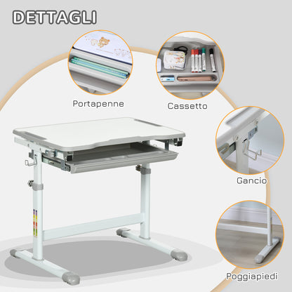 Adjustable Height School Desk for Children 6-12 Years, Desk and Chair Set with 45° Tiltable Desktop, Drawer, 2 Pen Holders, and Hook, Gray