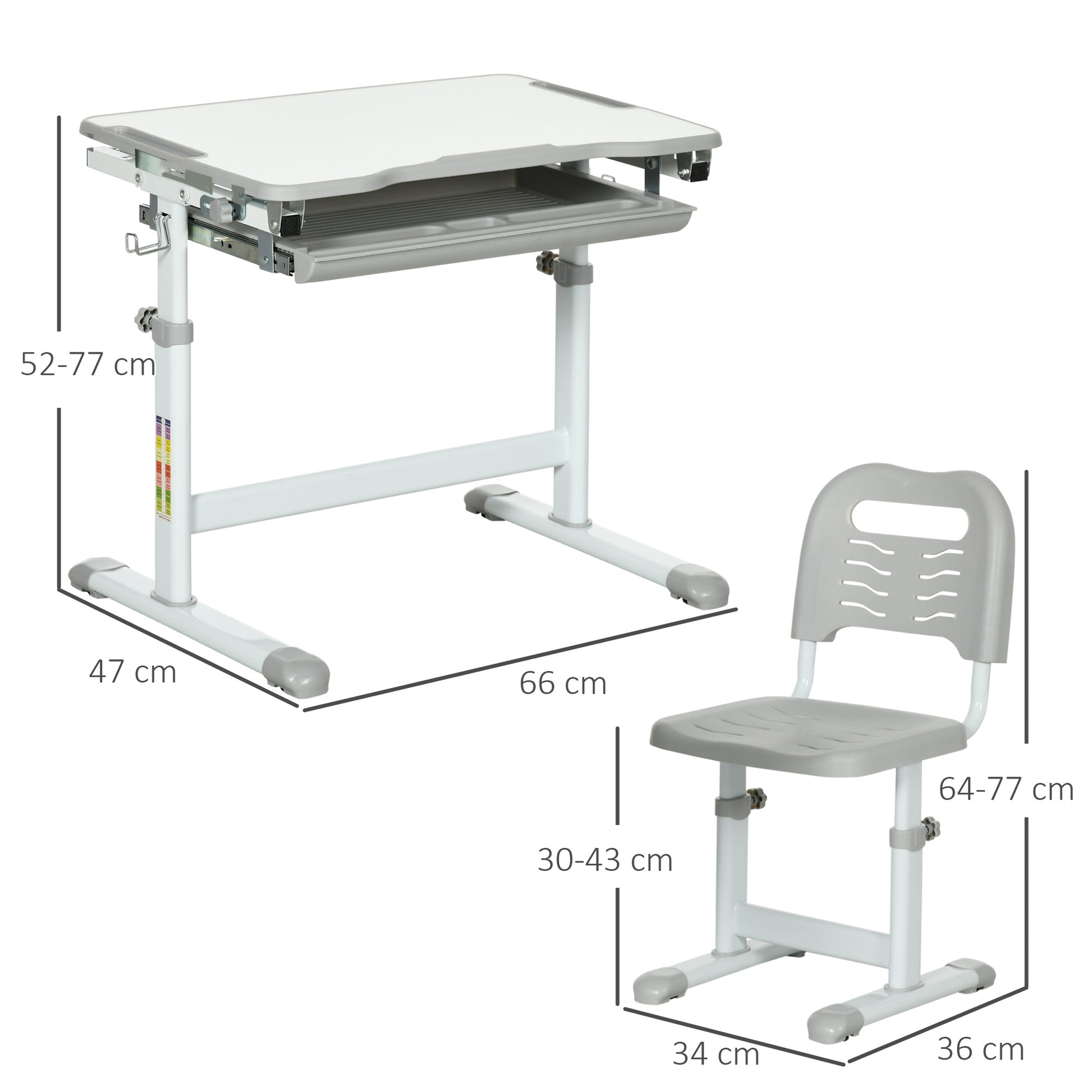 Adjustable Height School Desk for Children 6-12 Years, Desk and Chair Set with 45° Tiltable Desktop, Drawer, 2 Pen Holders, and Hook, Gray