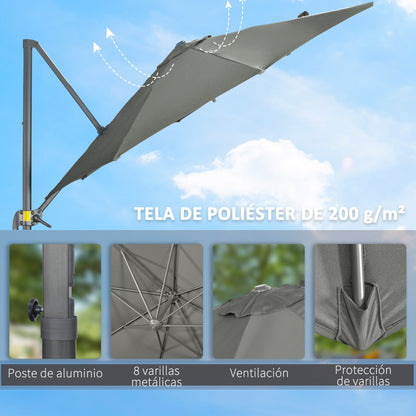 Garden Umbrella Ø300x250 cm Offset Aluminum Parasol with Crank Tilt 360° Rotating Canopy with Pedal and Cross Base Gray