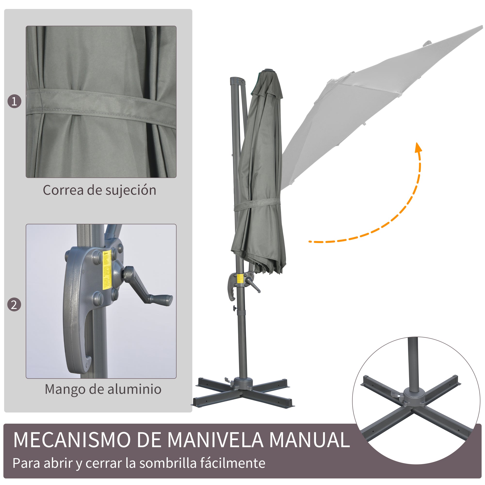 Garden Umbrella Ø300x250 cm Offset Aluminum Parasol with Crank Tilt 360° Rotating Canopy with Pedal and Cross Base Gray