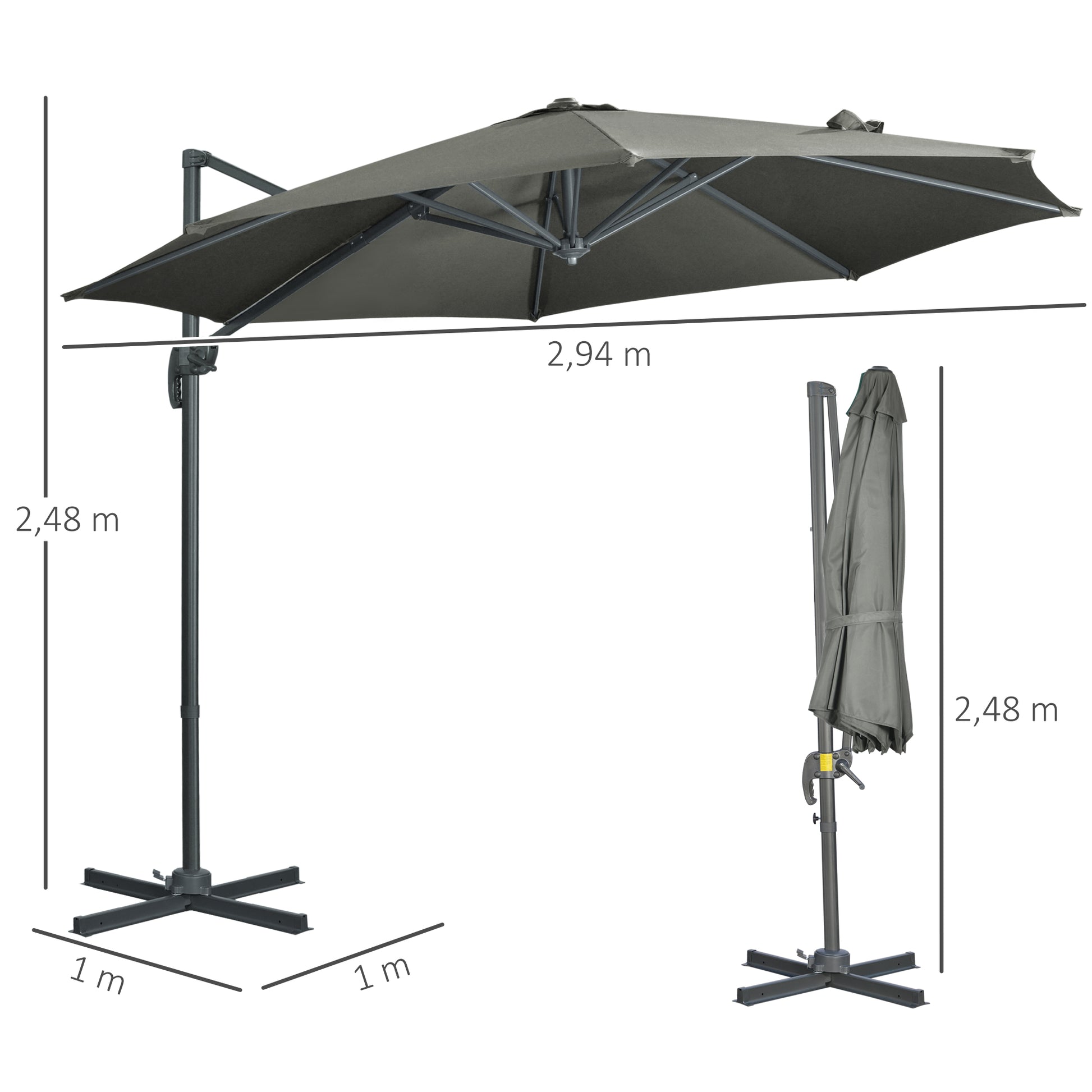 Garden Umbrella Ø300x250 cm Offset Aluminum Parasol with Crank Tilt 360° Rotating Canopy with Pedal and Cross Base Gray