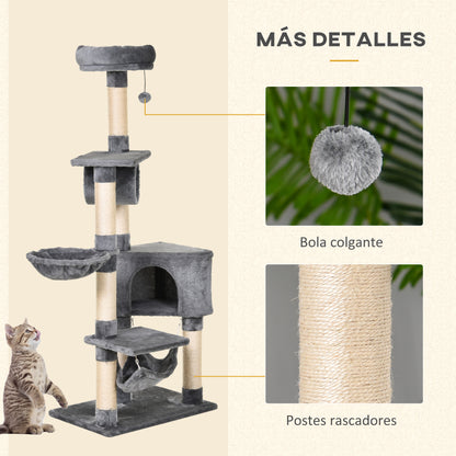 Cat Scratching Tree 154 cm Height Cat Tower with Platforms Tunnel Hammock and Sisal Scratching Posts 60x40x154 cm Gray