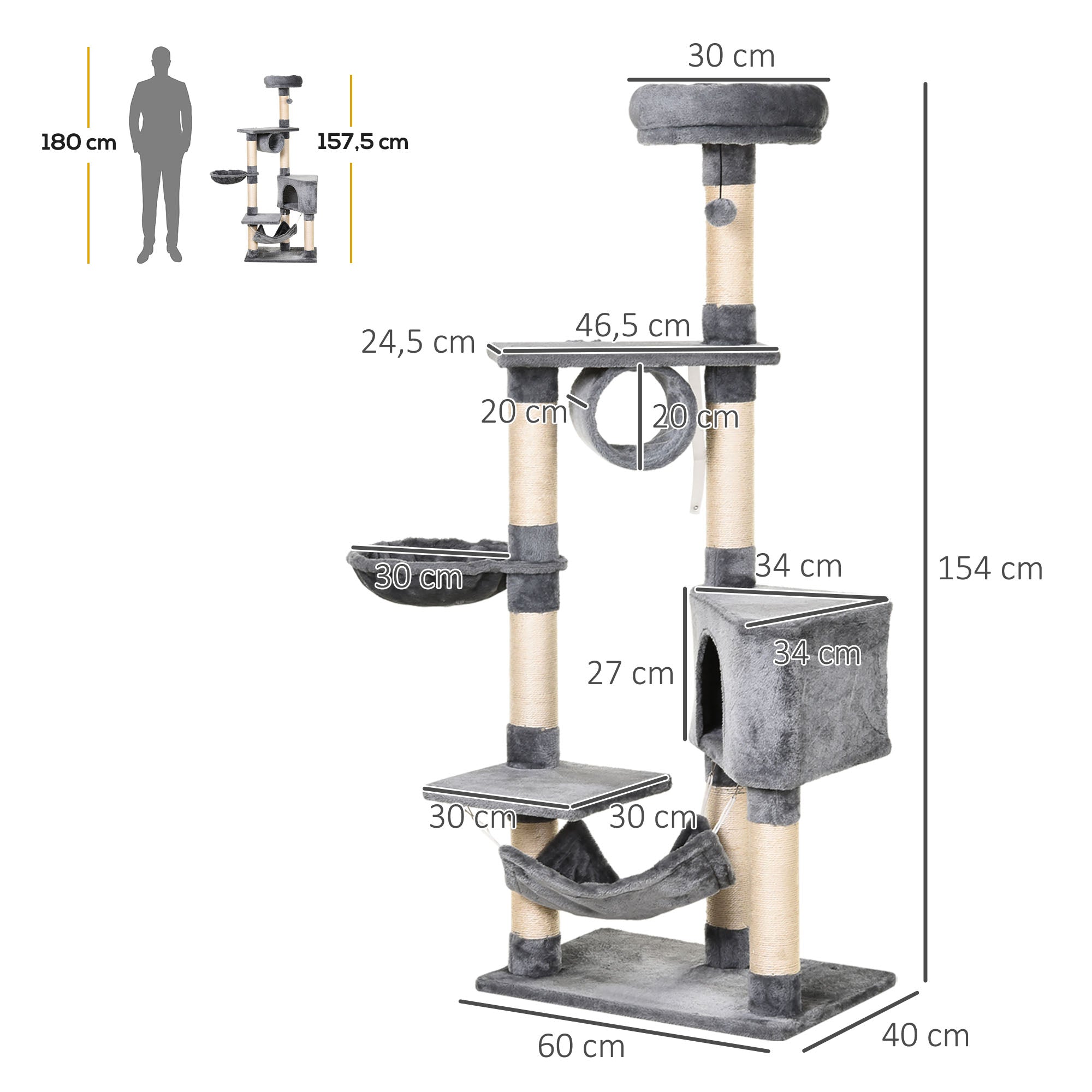Cat Scratching Tree 154 cm Height Cat Tower with Platforms Tunnel Hammock and Sisal Scratching Posts 60x40x154 cm Gray