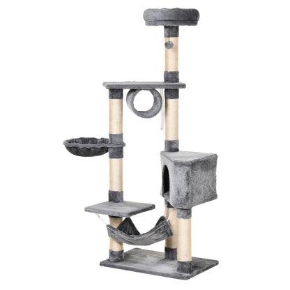 Cat Scratching Tree 154 cm Height Cat Tower with Platforms Tunnel Hammock and Sisal Scratching Posts 60x40x154 cm Gray