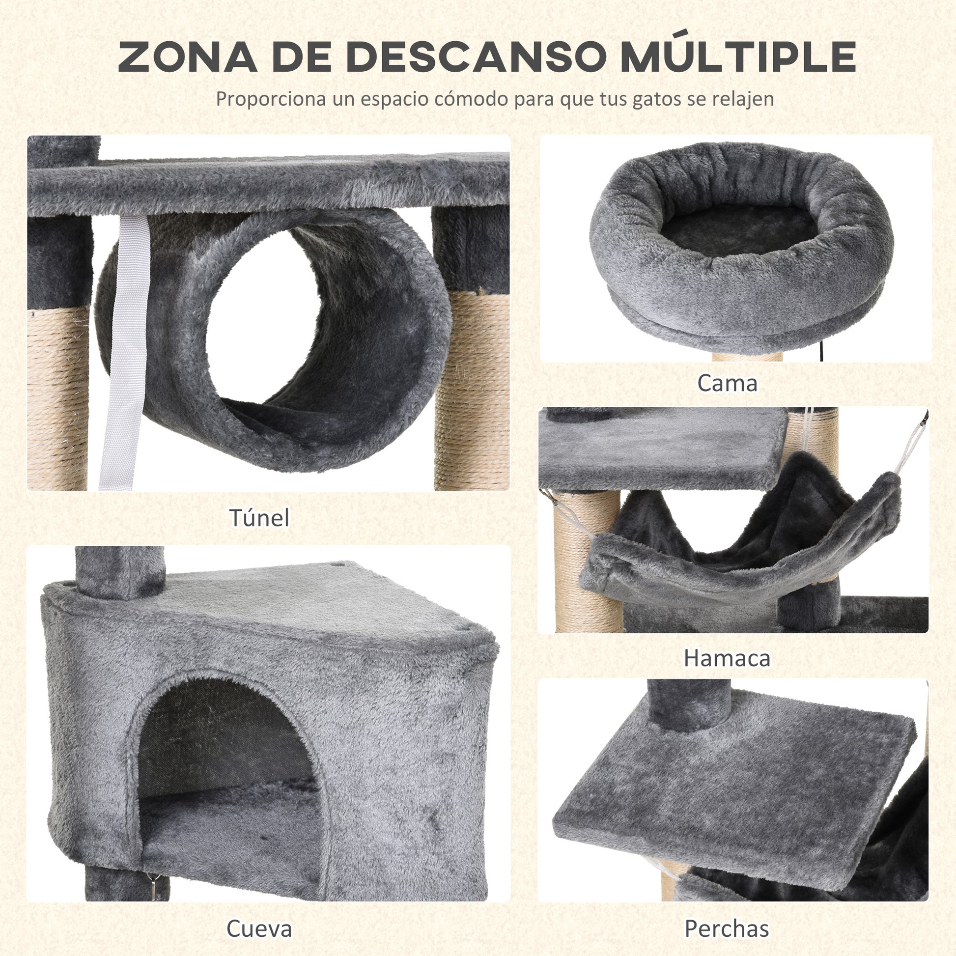 Cat Scratching Tree 154 cm Height Cat Tower with Platforms Tunnel Hammock and Sisal Scratching Posts 60x40x154 cm Gray