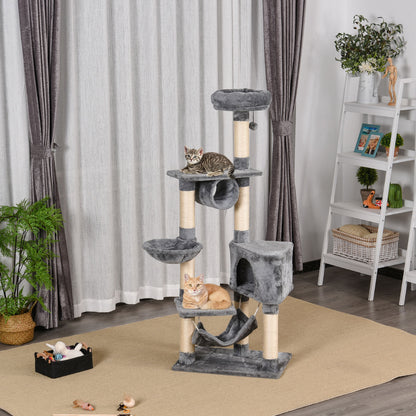 Cat Scratching Tree 154 cm Height Cat Tower with Platforms Tunnel Hammock and Sisal Scratching Posts 60x40x154 cm Gray