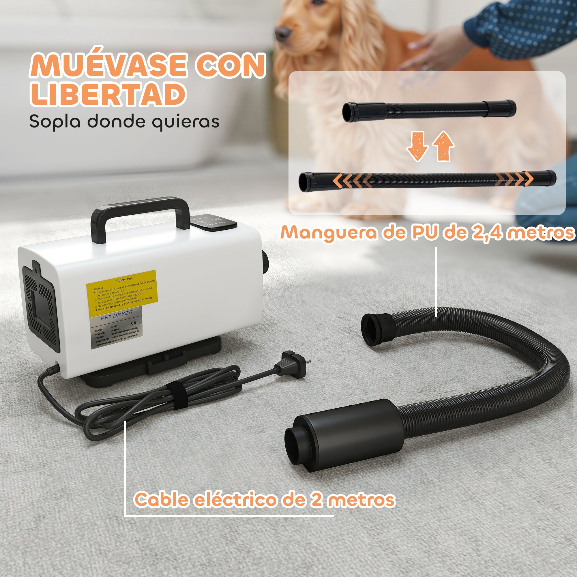 Dog Dryer Hair Dryer for Dogs 2200 W Adjustable Speed and Temperature 3 Nozzles Digital Display for Grooming Showering Drying White
