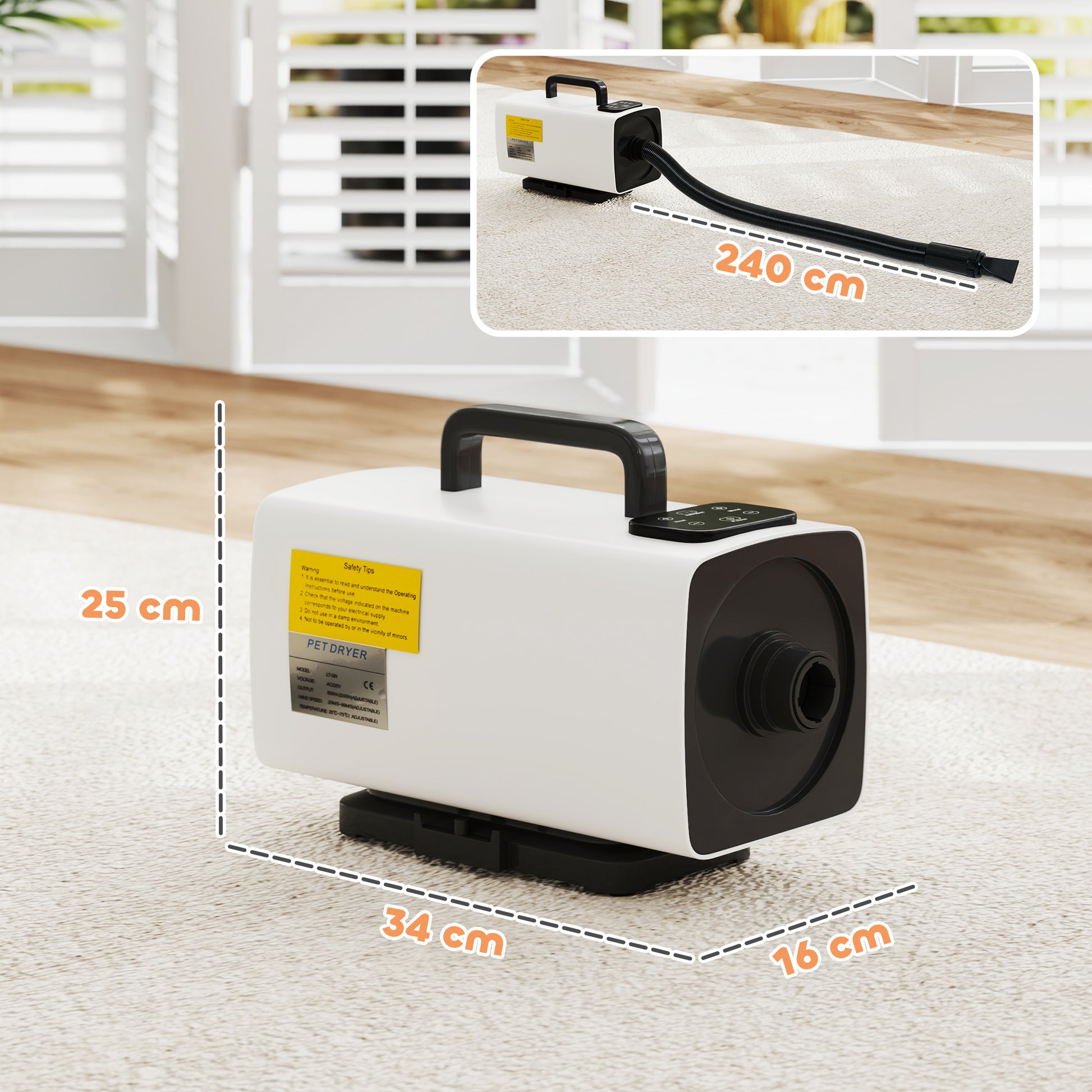 Dog Dryer Hair Dryer for Dogs 2200 W Adjustable Speed and Temperature 3 Nozzles Digital Display for Grooming Showering Drying White