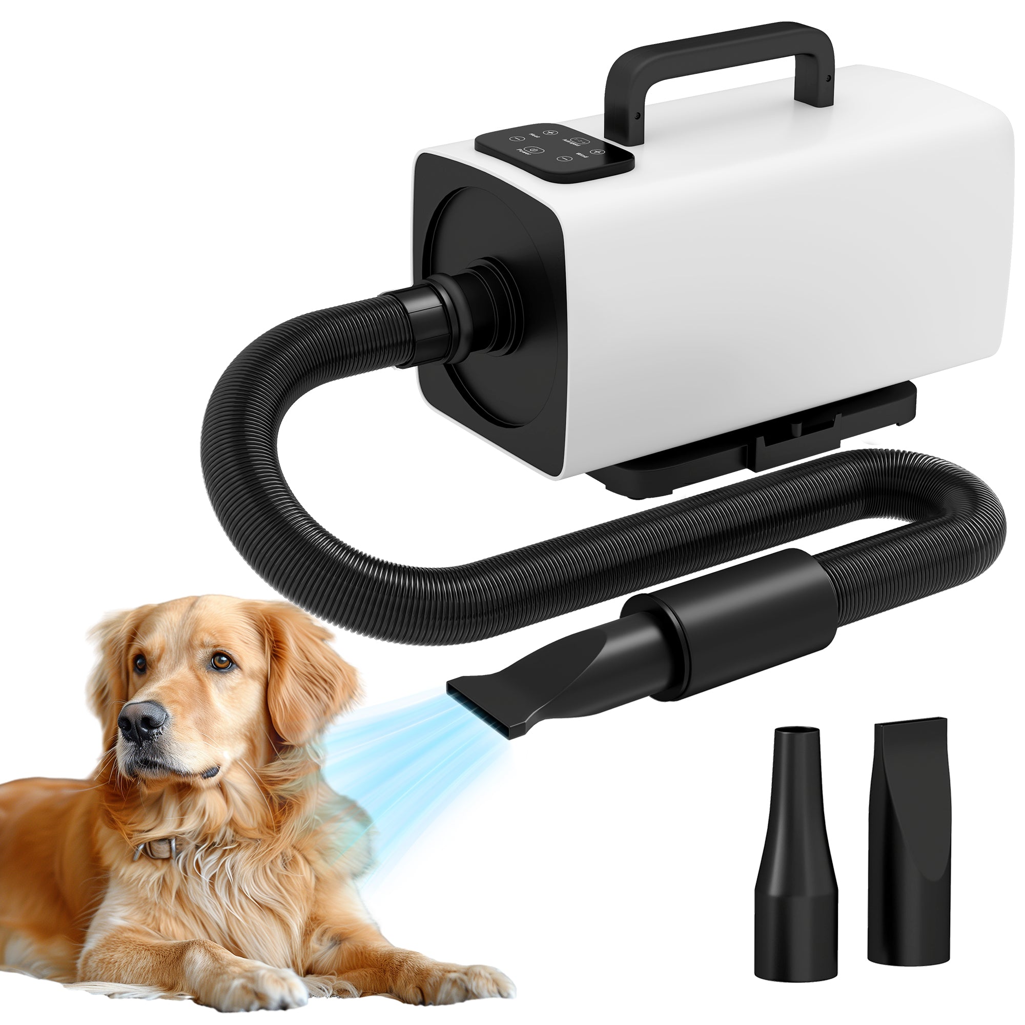 Dog Dryer Hair Dryer for Dogs 2200 W Adjustable Speed and Temperature 3 Nozzles Digital Display for Grooming Showering Drying White
