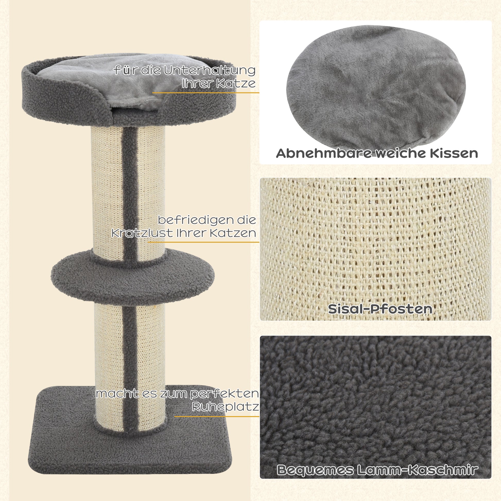 Scratching Post 91cm Cat Tower with Sisal Posts, Platform, Cushion Multilevel Cat Scratching Tree, Climbing Tree, for Medium-sized Cats, Gray