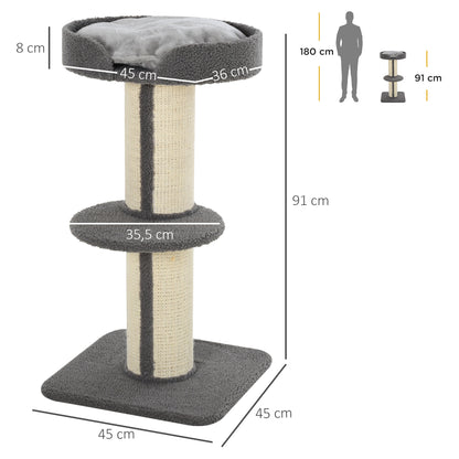 Scratching Post 91cm Cat Tower with Sisal Posts, Platform, Cushion Multilevel Cat Scratching Tree, Climbing Tree, for Medium-sized Cats, Gray
