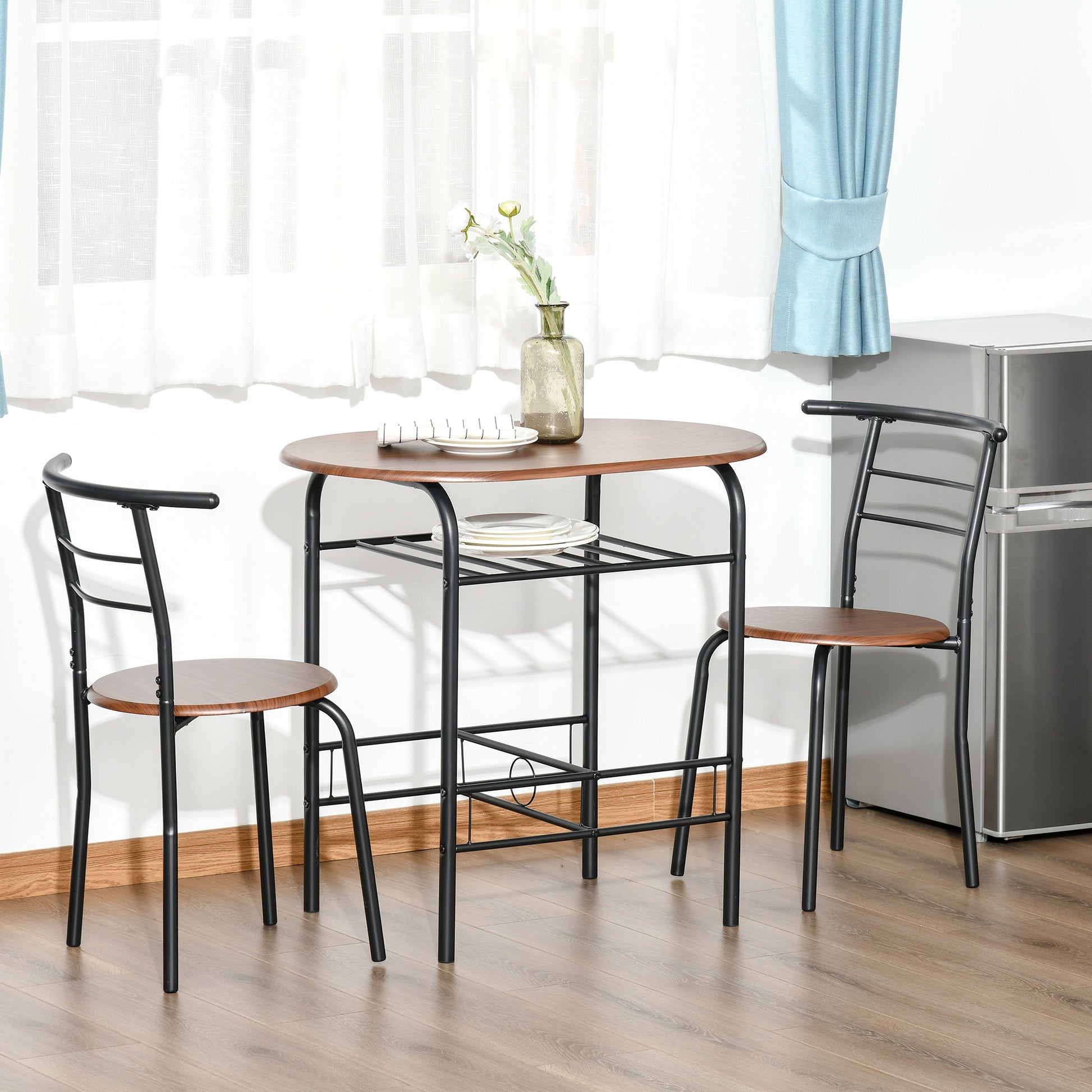 Modern Table Set with 2 Chairs for Dining Room, 3-Piece Space-Saving Furniture Set for Kitchen, Balcony, Restaurant or Bar, Brown and Black