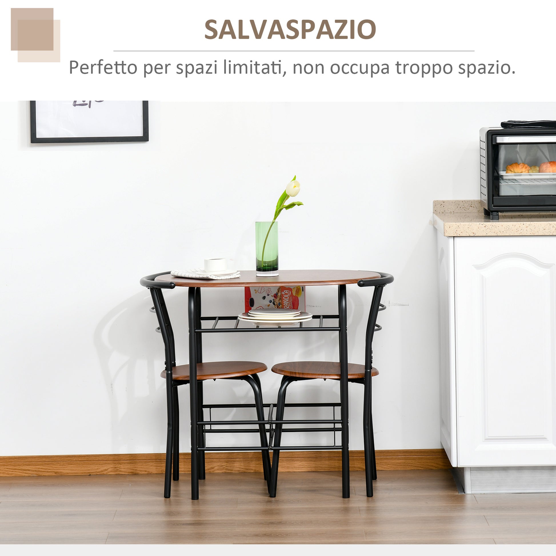 Modern Table Set with 2 Chairs for Dining Room, 3-Piece Space-Saving Furniture Set for Kitchen, Balcony, Restaurant or Bar, Brown and Black